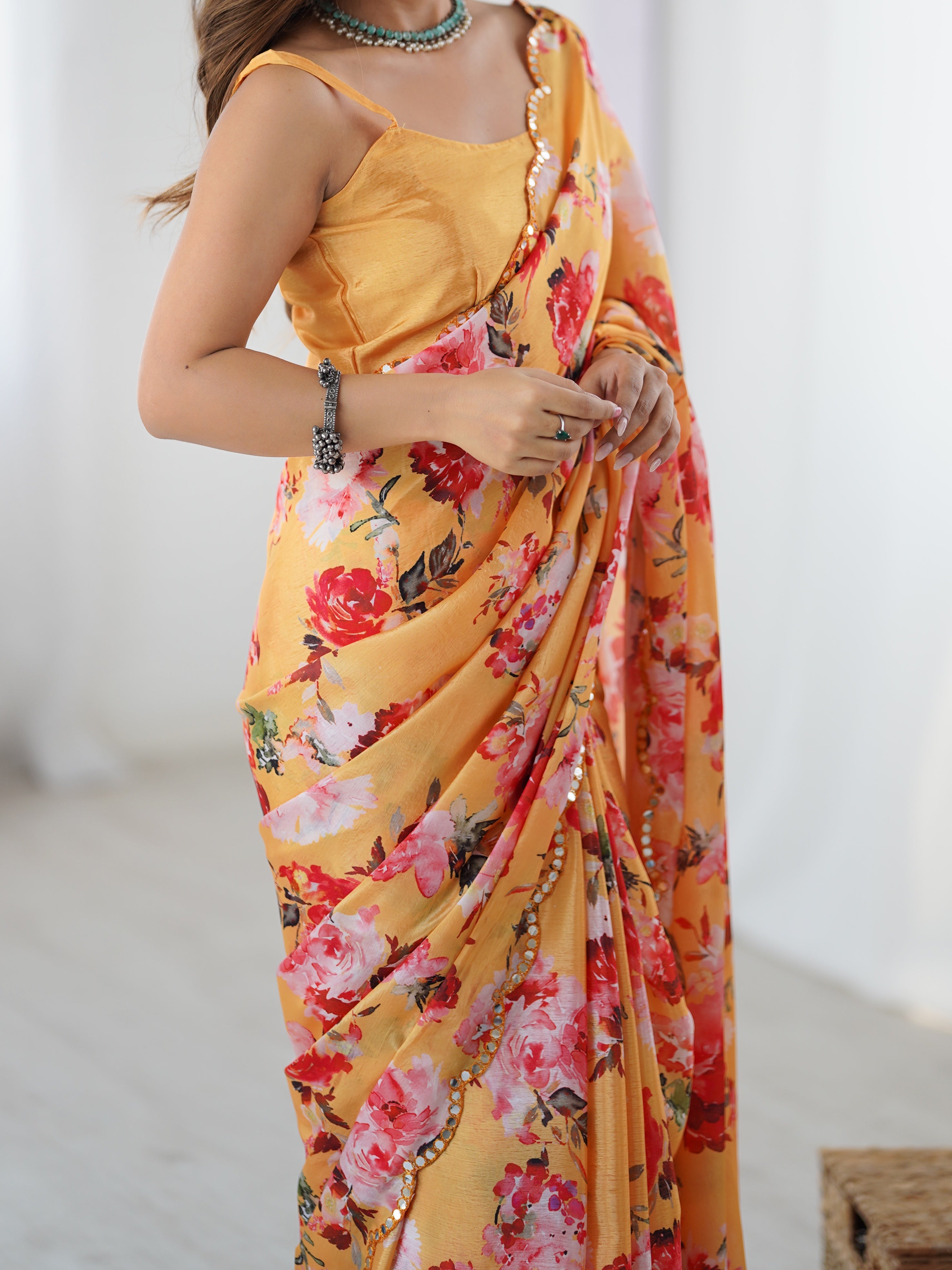 TRENDBUY DVS-35 floral print heavy chinnon saree with Kutchi mirror work border