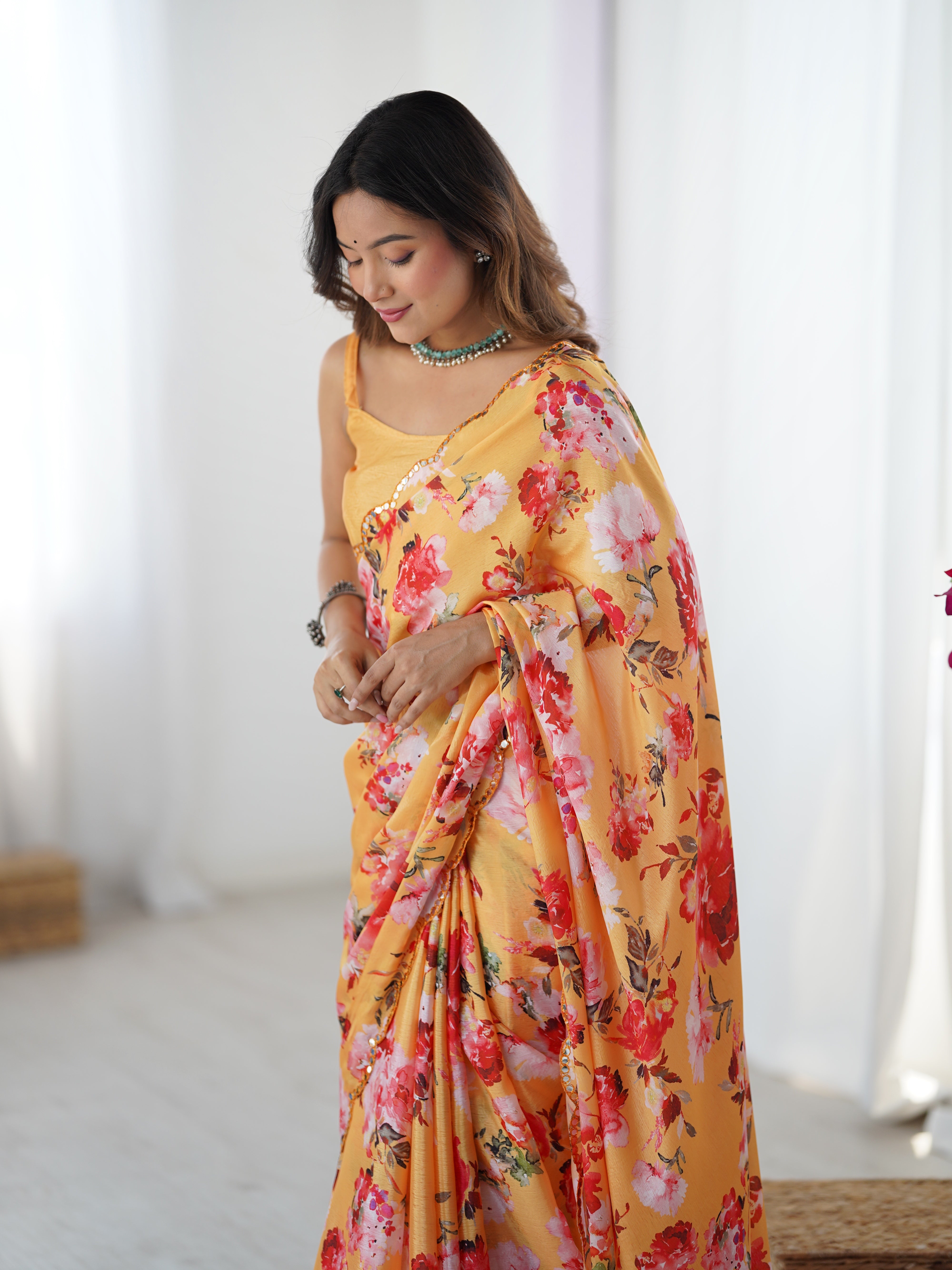 TRENDBUY DVS-35 Floral Print Heavy Chinnon Saree with Kutchi Mirror Work Border