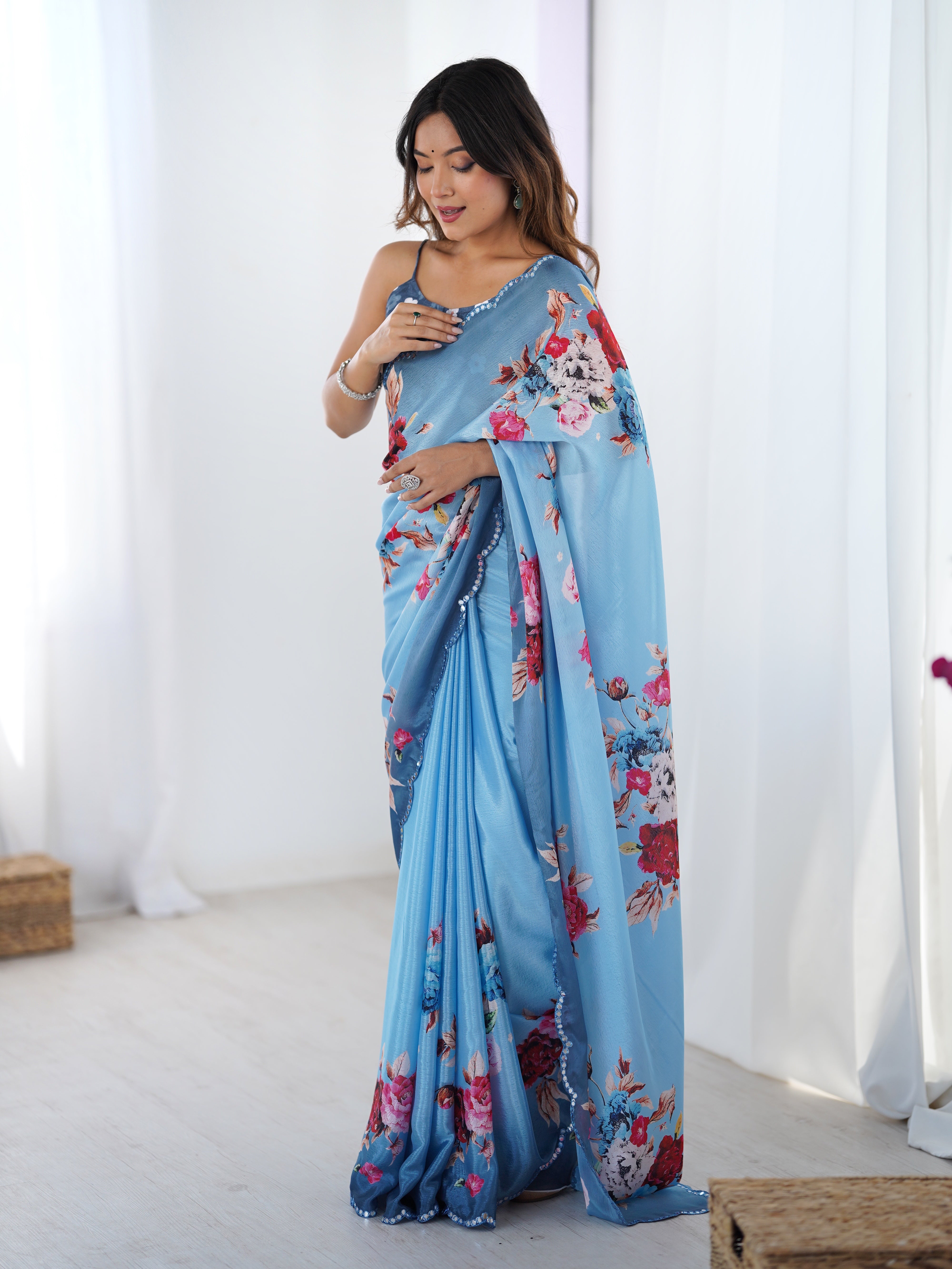 Heavy Chinnon Floral Saree showcasing Kutchi Mirror Lace & vibrant floral print.