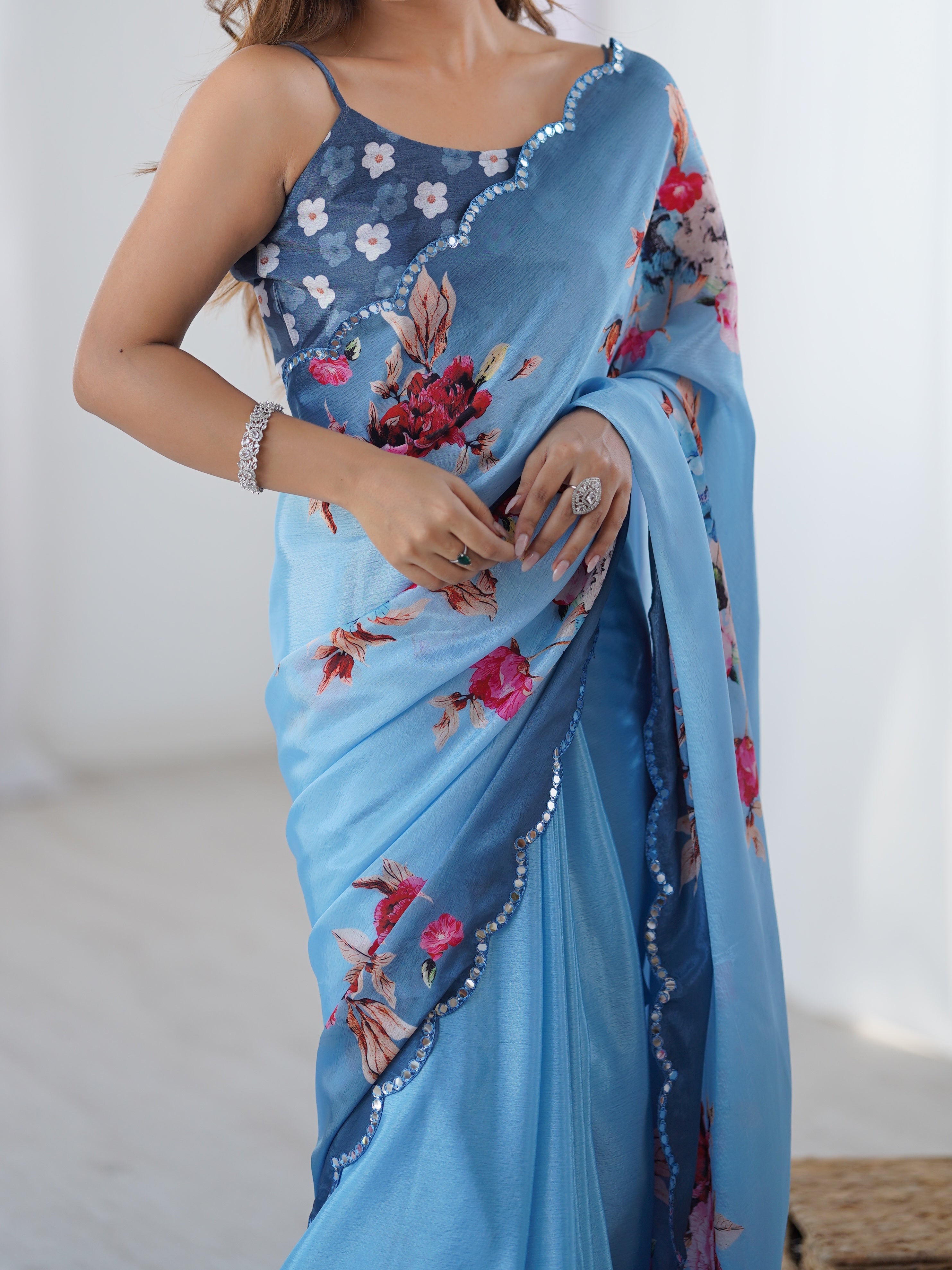 DVS-36 Heavy Chinnon Floral Saree fabric with Kutchi Mirror Lace detail