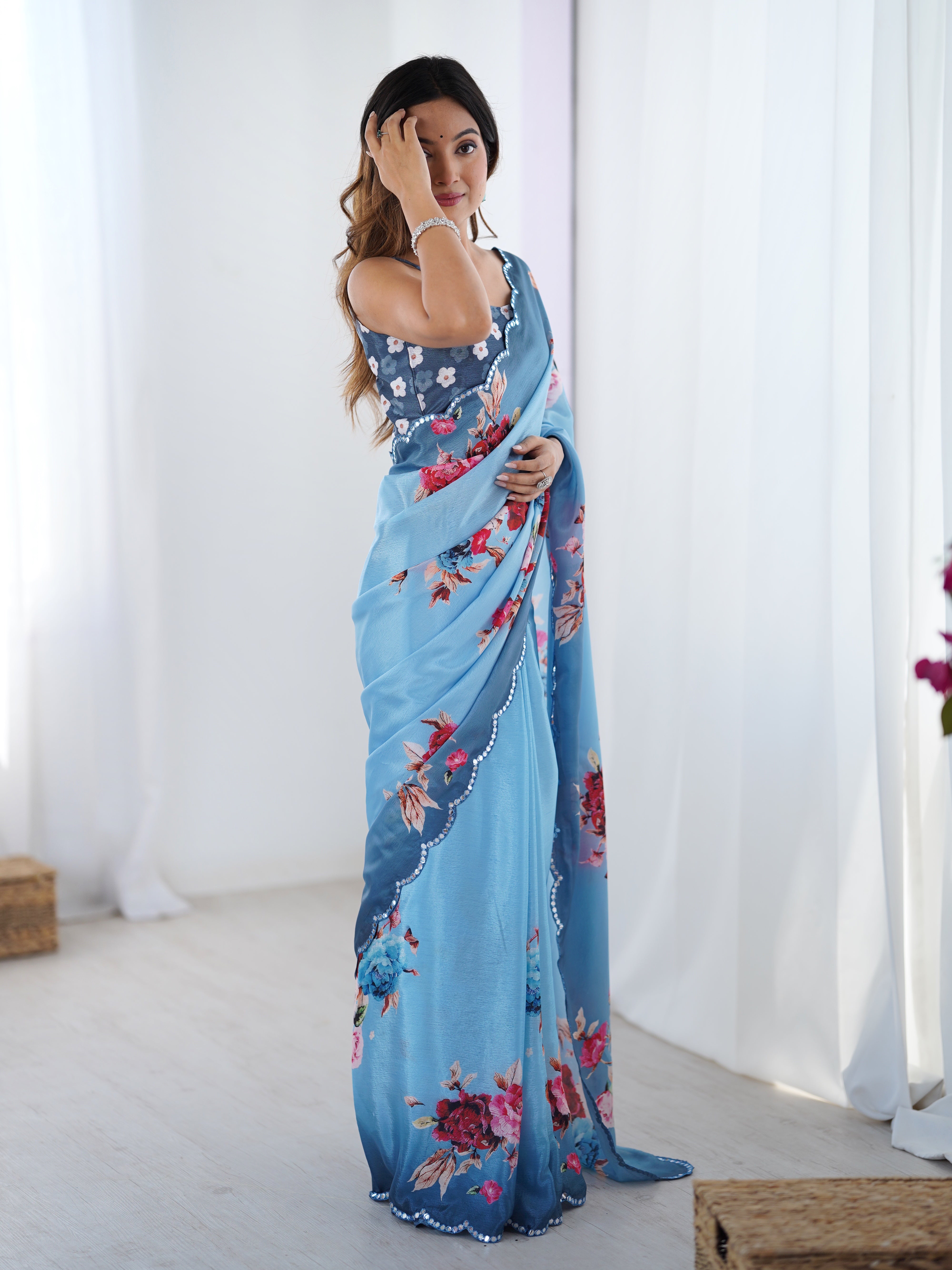 DVS-36 Heavy Chinnon Floral Saree with vibrant floral print and detailed Kutchi Mirror Lace border.