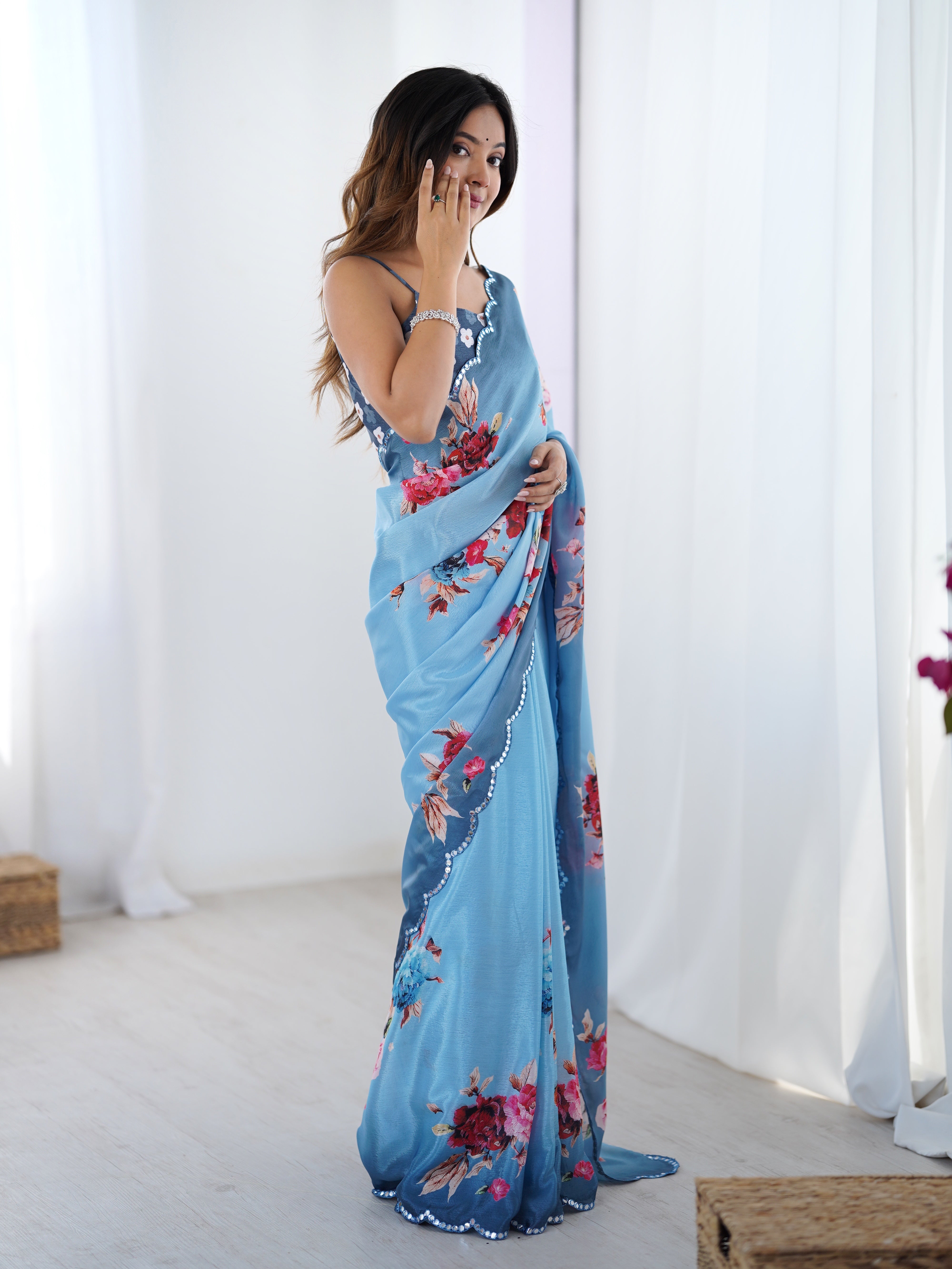 DVS-36 Heavy Chinnon Floral Saree with Kutchi Mirror Lace and unstitched blouse