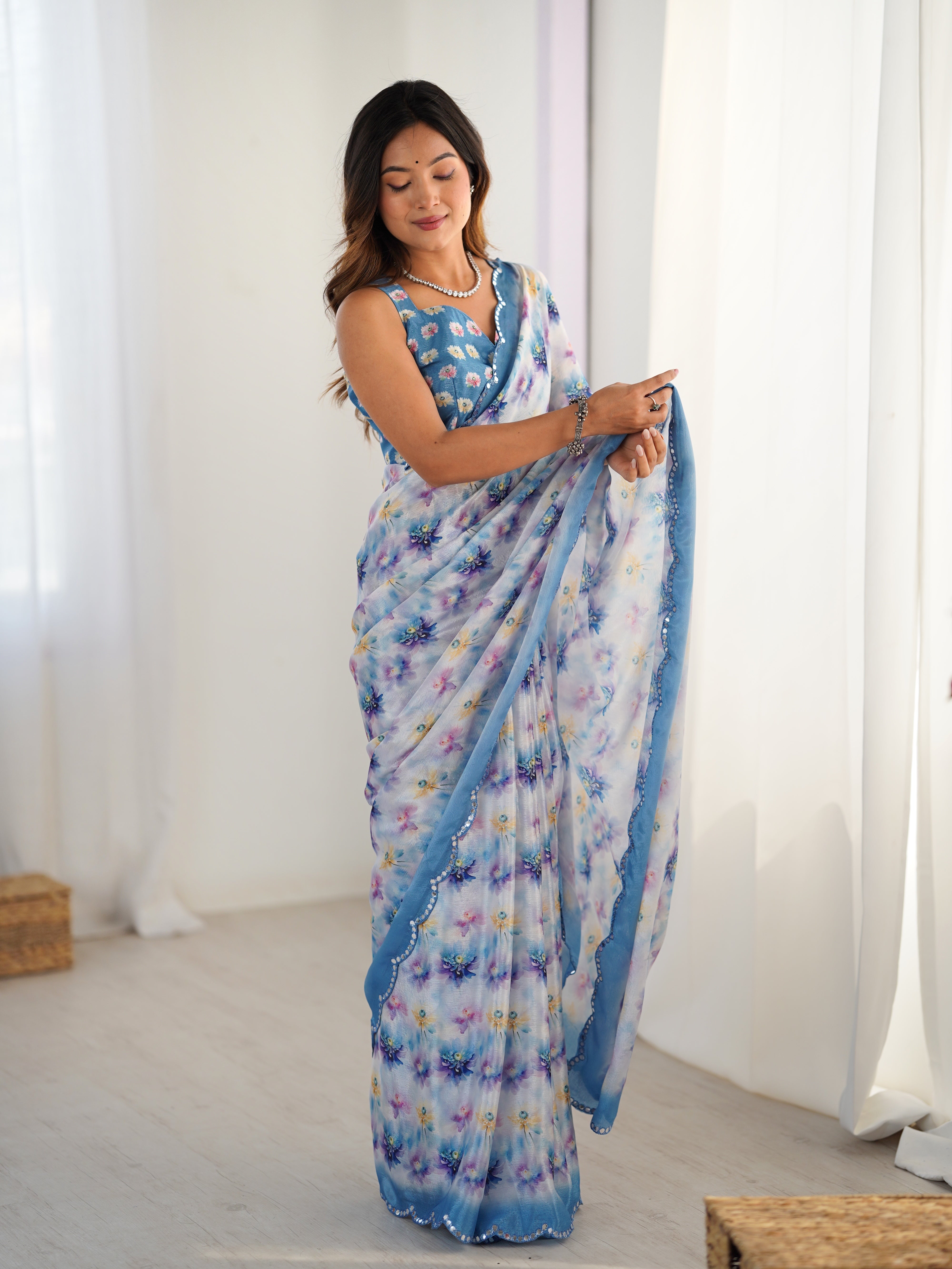 Elegant Heavy Chinnon Saree with Vibrant Floral Print and Kutchi Mirror Work Border