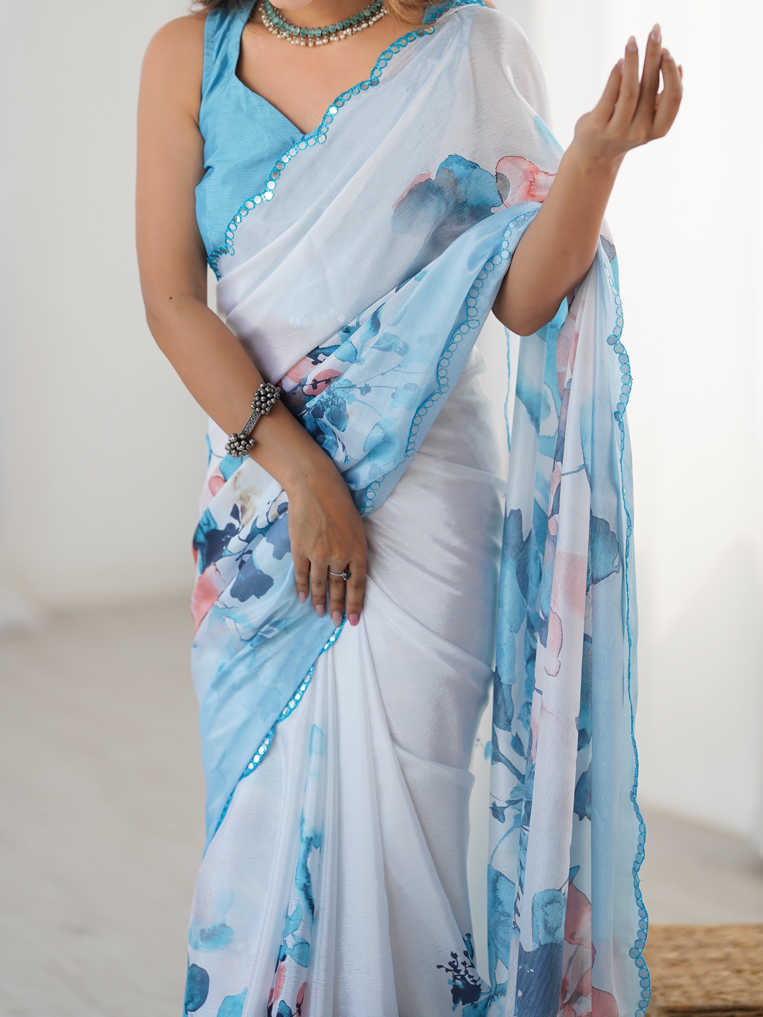 TRENDBUY Exclusive Heavy Chinnon Saree DVS-38, vibrant floral print, Kutchi mirror lace border.