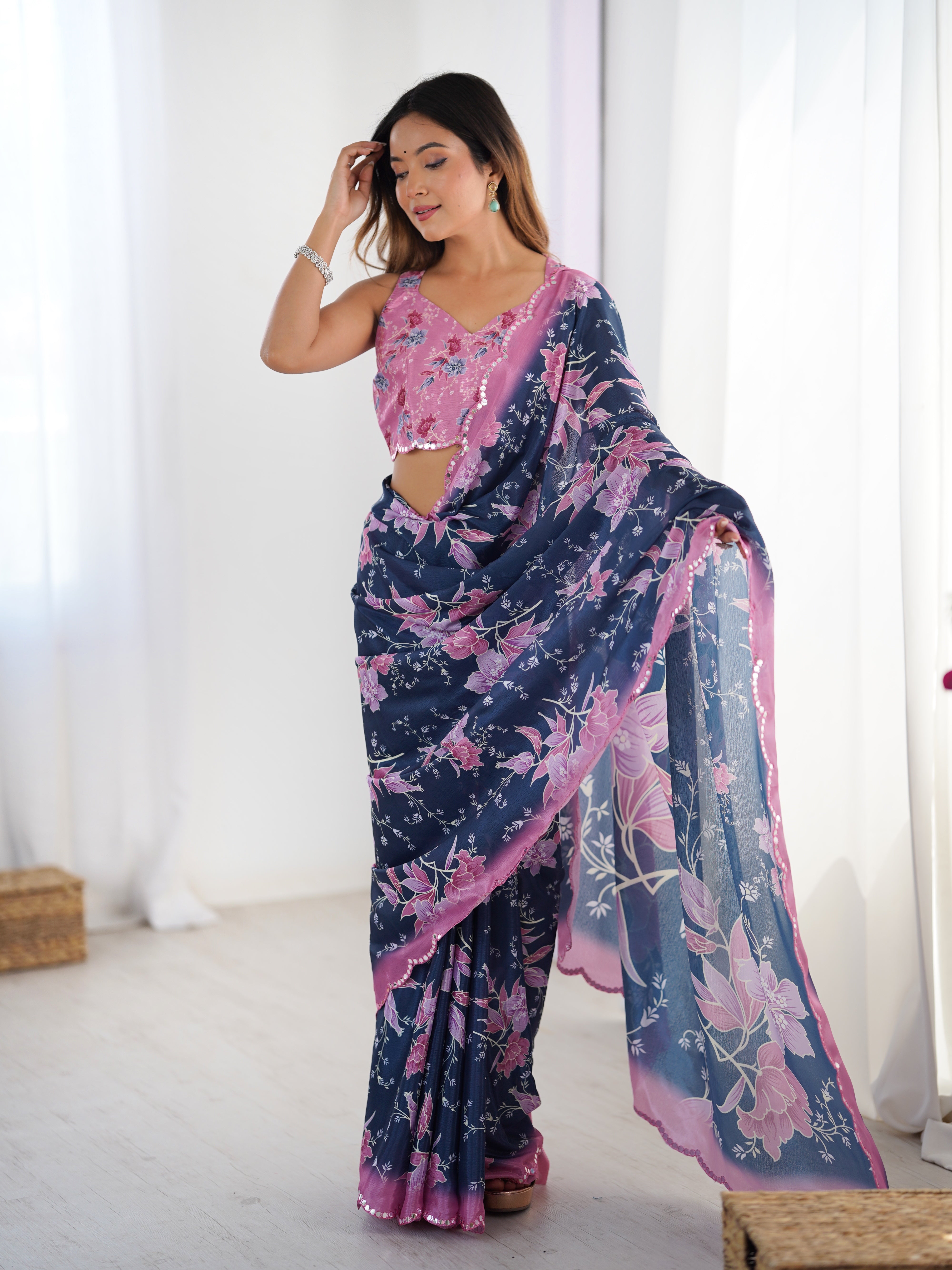 DVS-39 Heavy Chinnon Saree: Elegant floral print & Kutchi mirror lace border