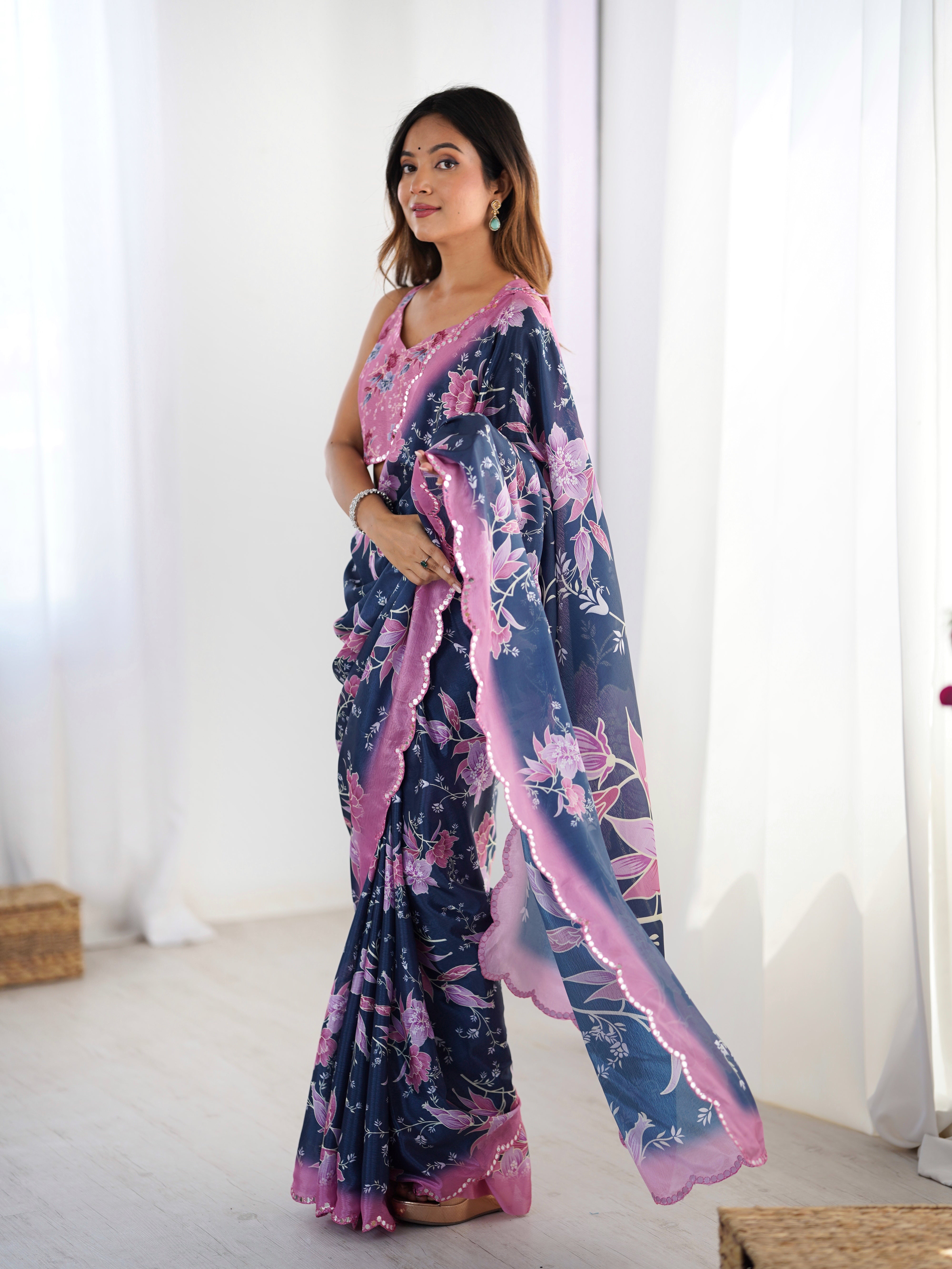TRENDBUY DVS-39 Heavy Chinnon Saree with elegant floral print and Kutchi mirror lace border
