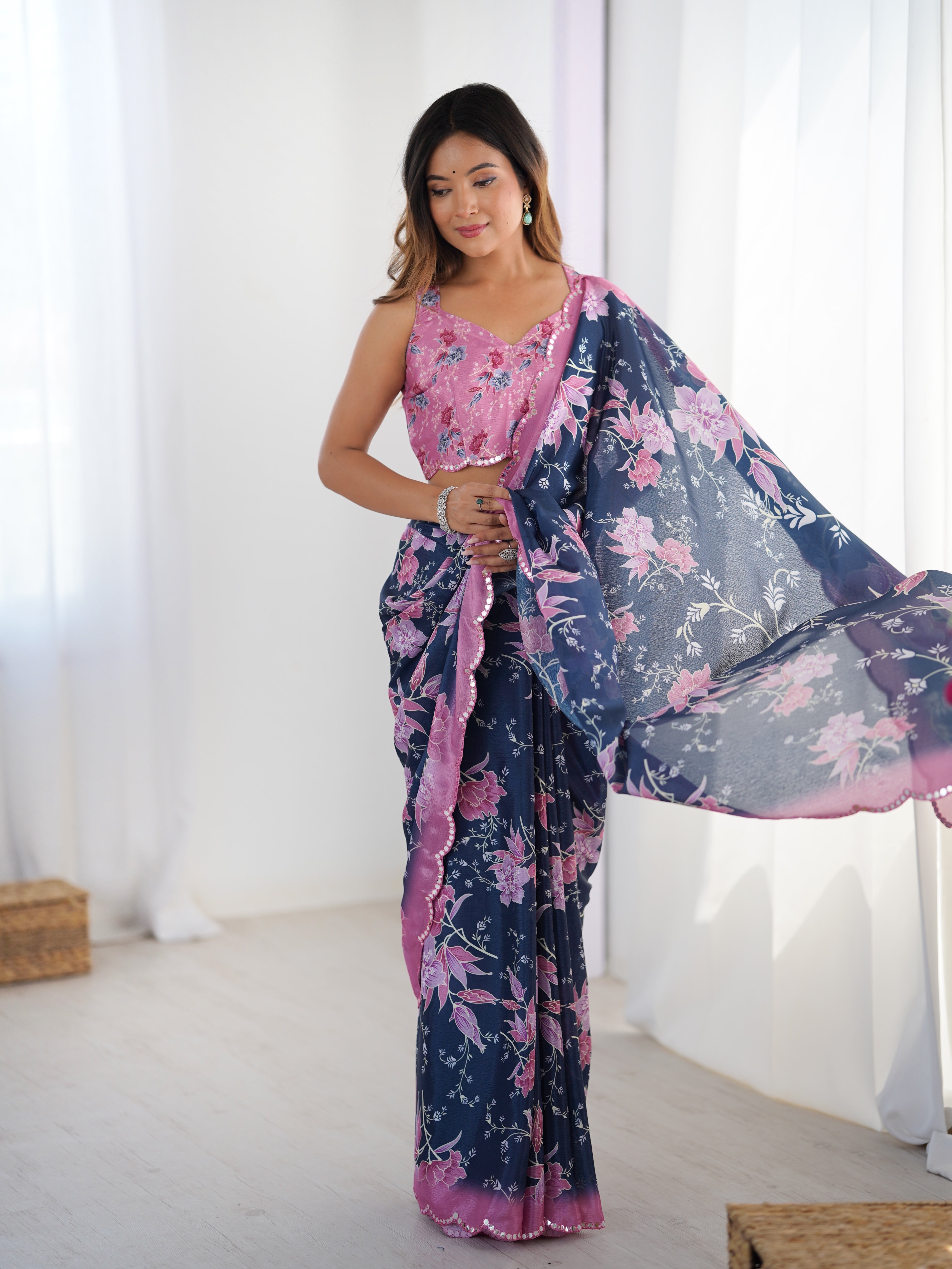 DVS-39 Heavy Chinnon Saree: Elegant floral print and Kutchi mirror lace border close-up.