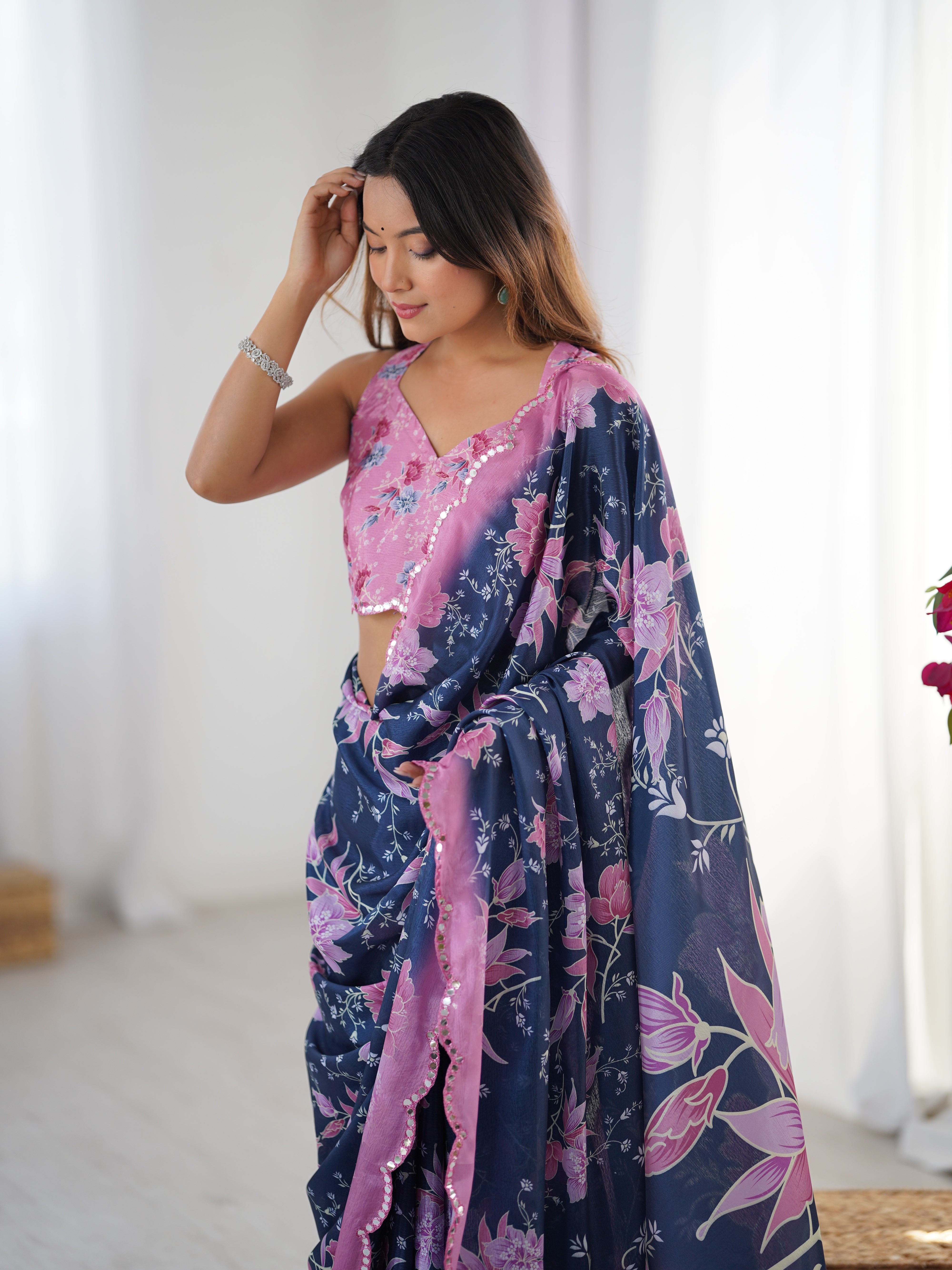 TRENDBUY DVS-39 heavy Chinnon saree with elegant floral print & Kutchi mirror lace border