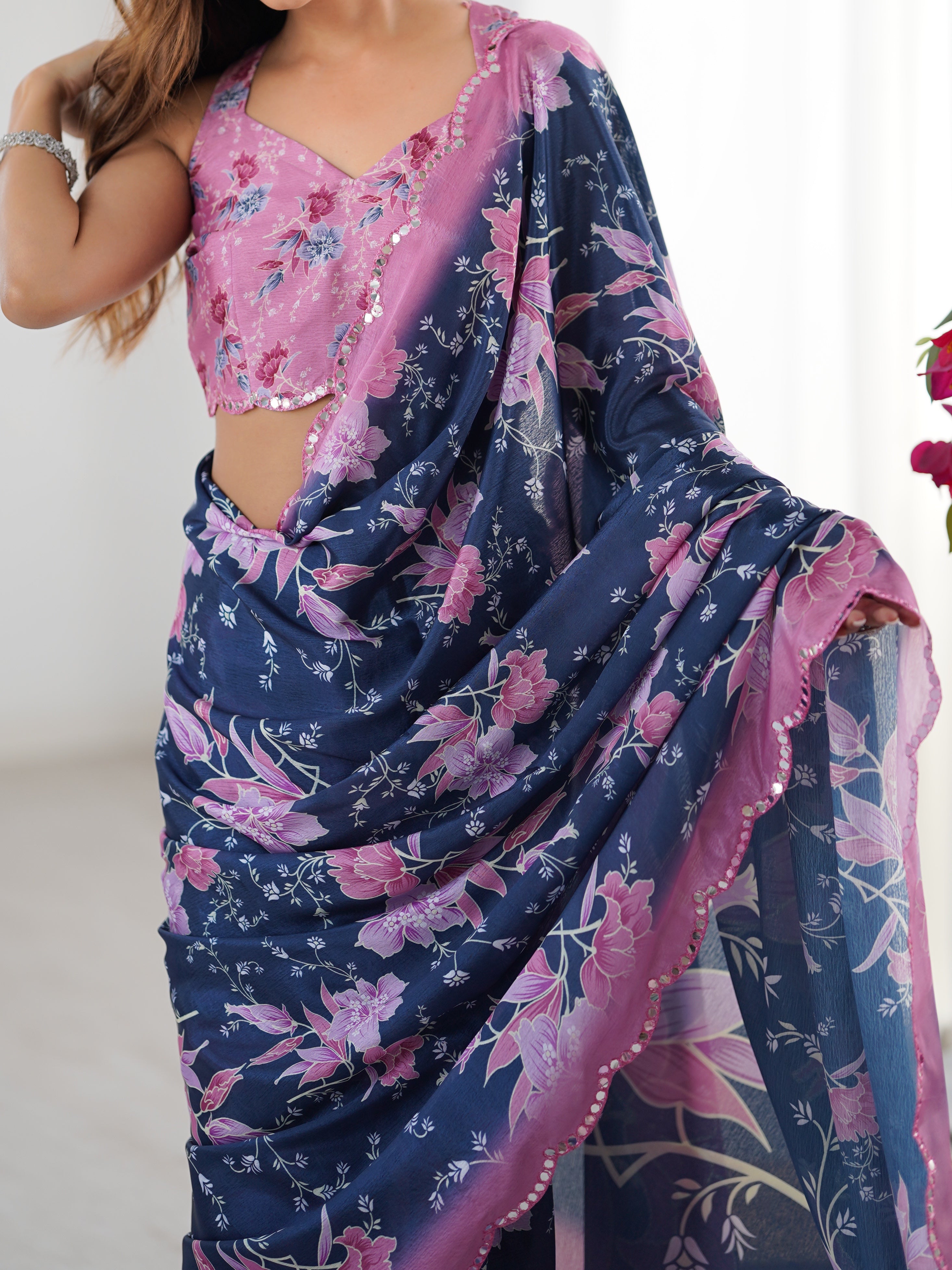 TRENDBUY DVS-39 Heavy Chinnon Saree, elegant floral print, Kutchi mirror lace border