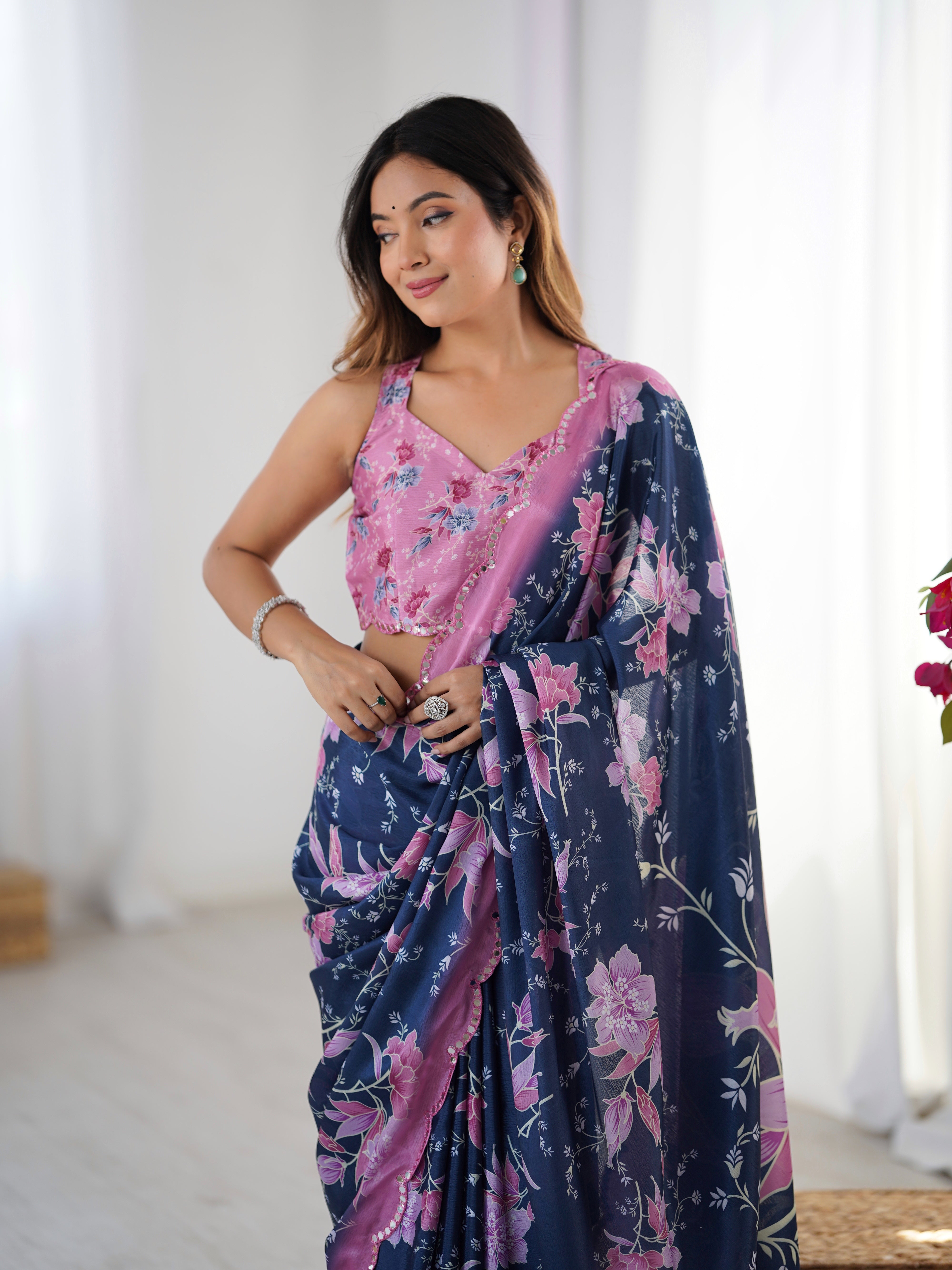 TRENDBUY DVS-39 Heavy Chinnon Saree with Elegant Floral Print & Kutchi Mirror Lace Border