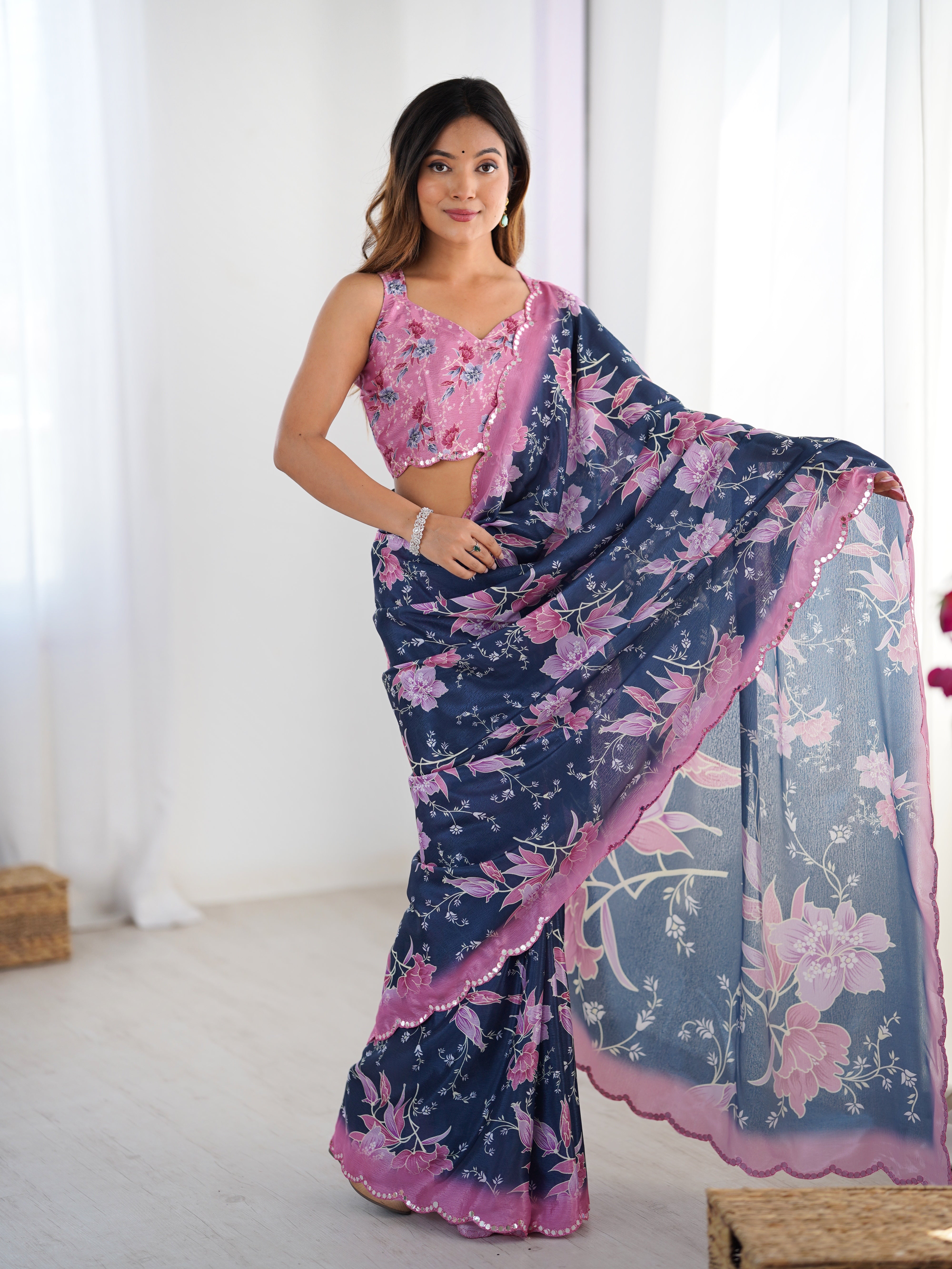 DVS-39 Heavy Chinnon Saree with elegant floral print and Kutchi mirror lace border