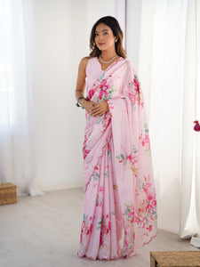 TRENDBUY DVS-40: Heavy Chinnon Saree with Vibrant Floral Print & Kutchi Mirror Lace Border