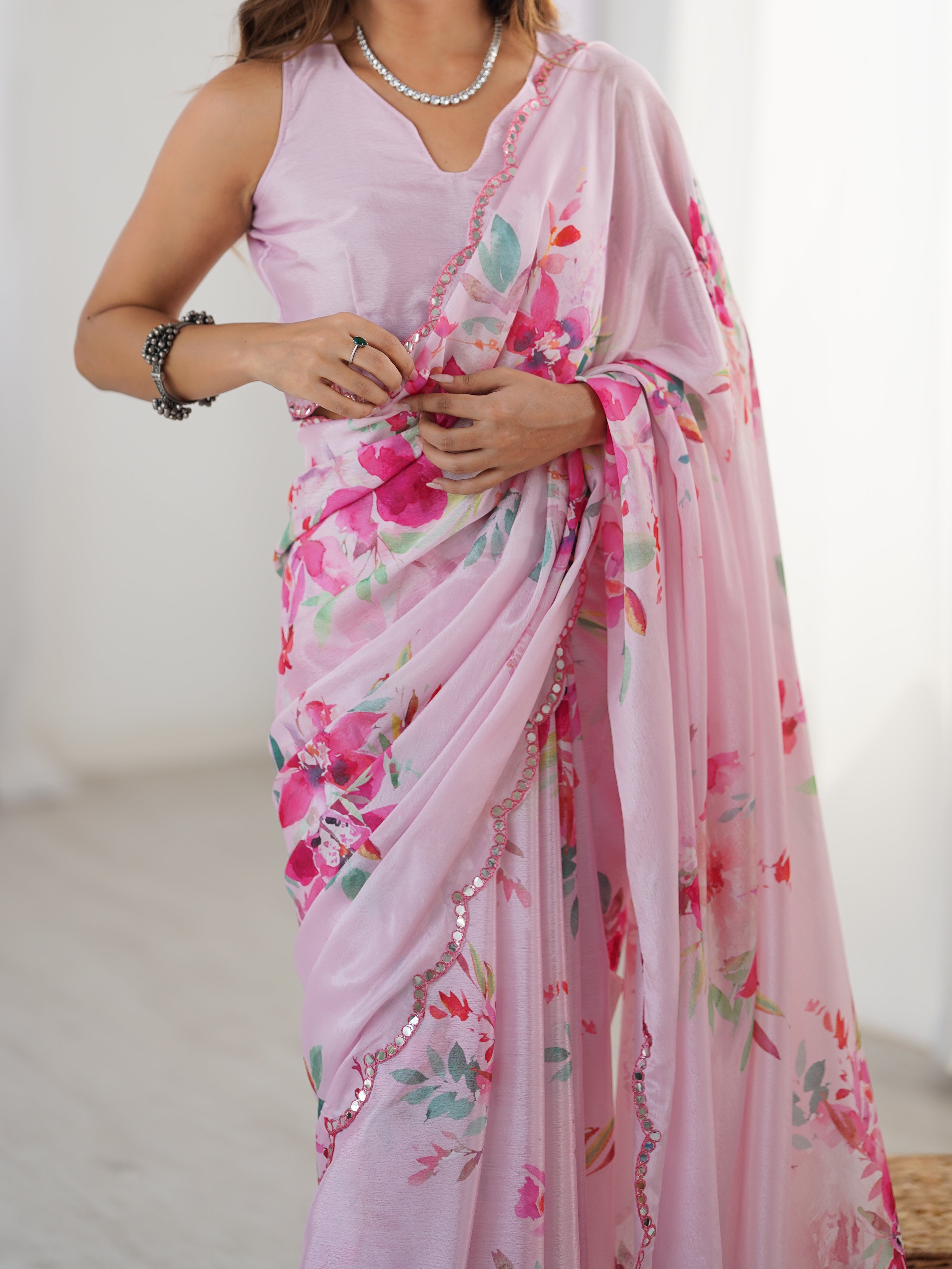 TRENDBUY DVS-40 heavy chinnon saree with vibrant floral print and Kutchi mirror lace border