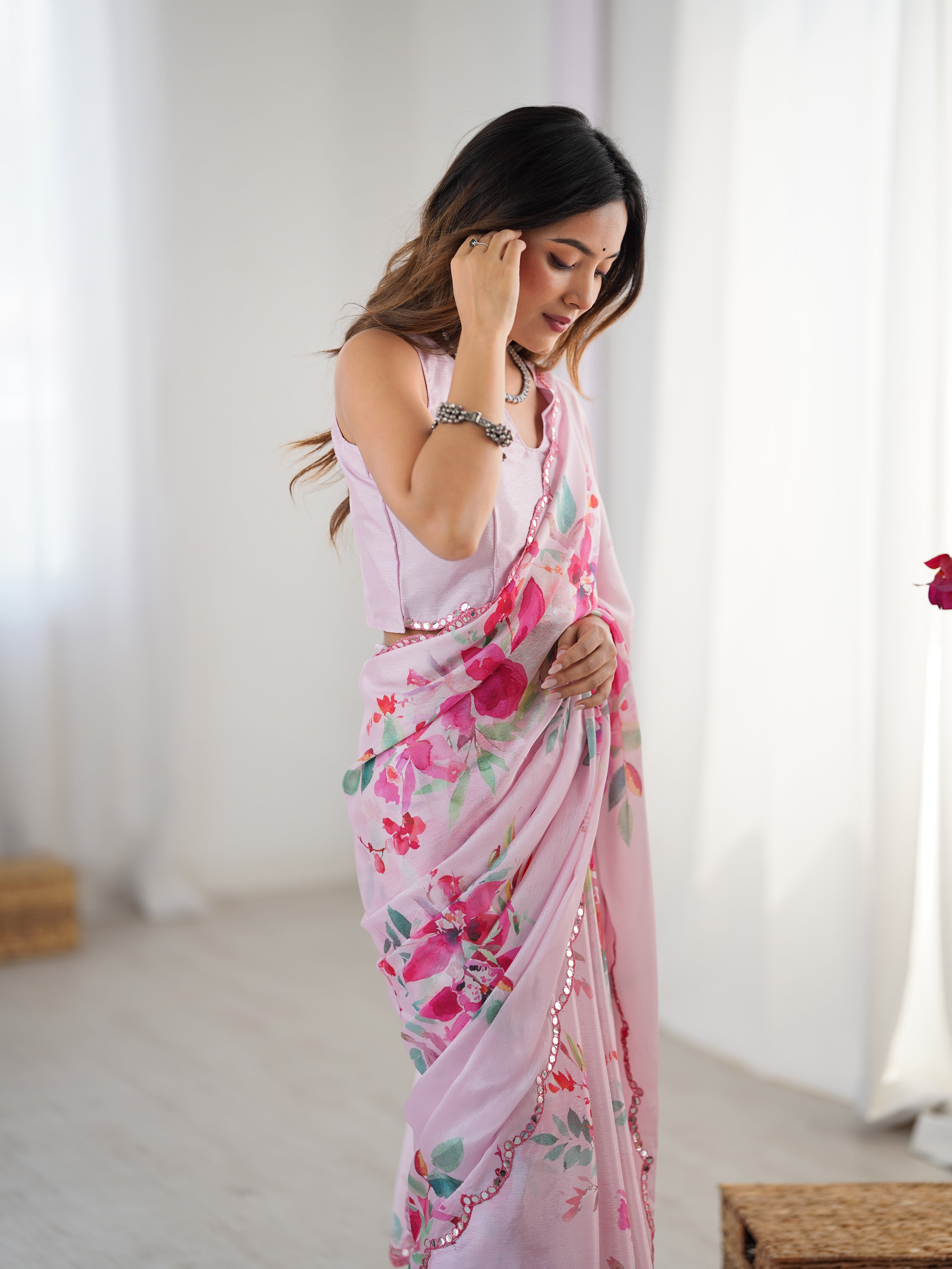 TRENDBUY DVS-40 heavy chinnon saree, vibrant floral print, Kutchi mirror lace border