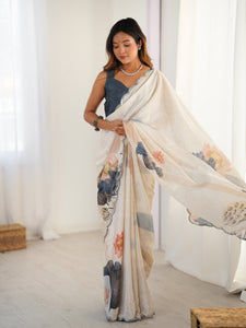 TRENDBUY Exclusive Heavy Chinnon Saree with Beautiful Print Work & Kutchi Mirror Lace Border