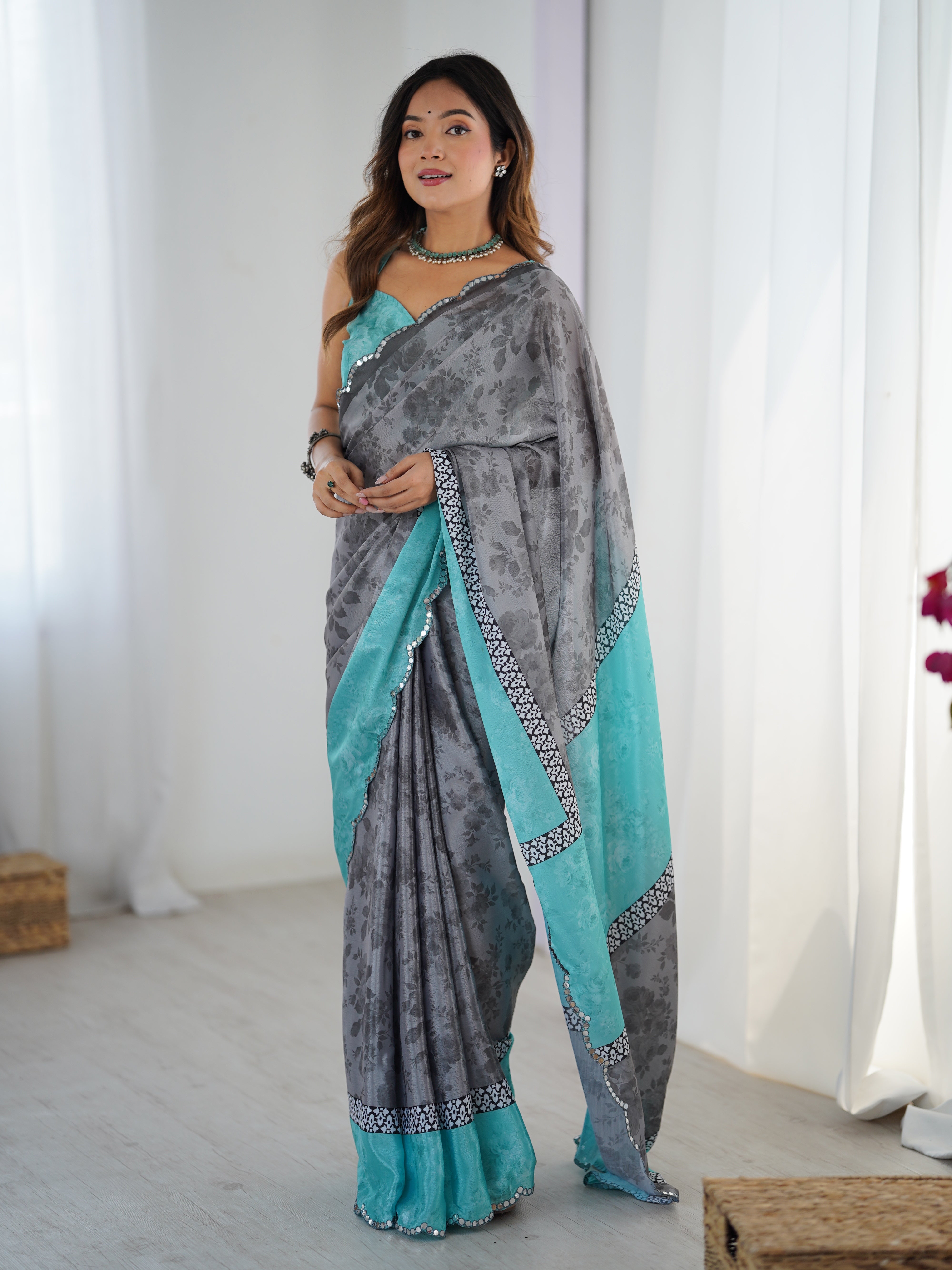 TRENDBUY DVS-42 Heavy Chinnon Print Saree with Kutchi Mirror Lace Border