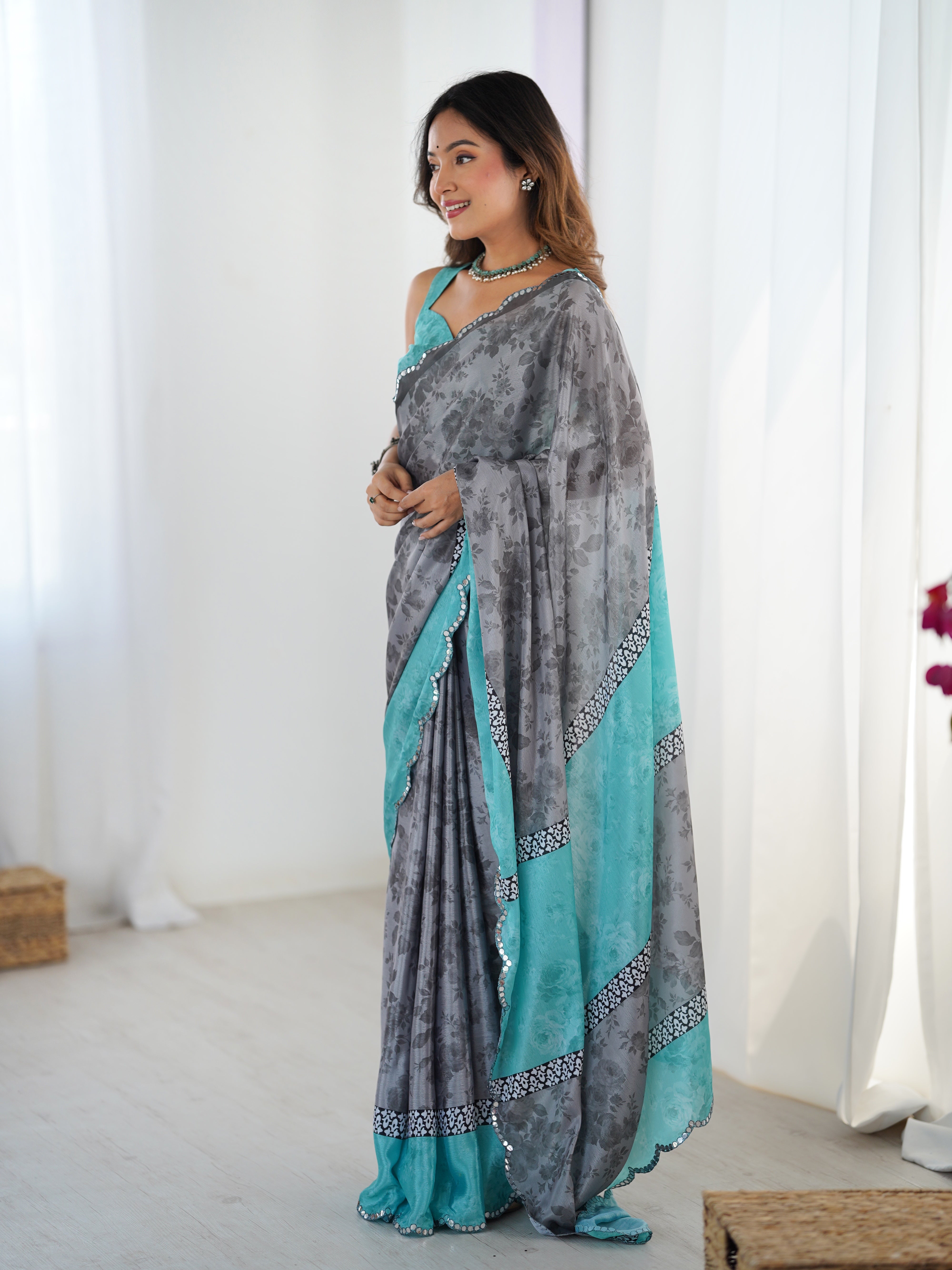 TRENDBUY DVS-42 Heavy Chinnon Print Saree with Kutchi Mirror Lace Border