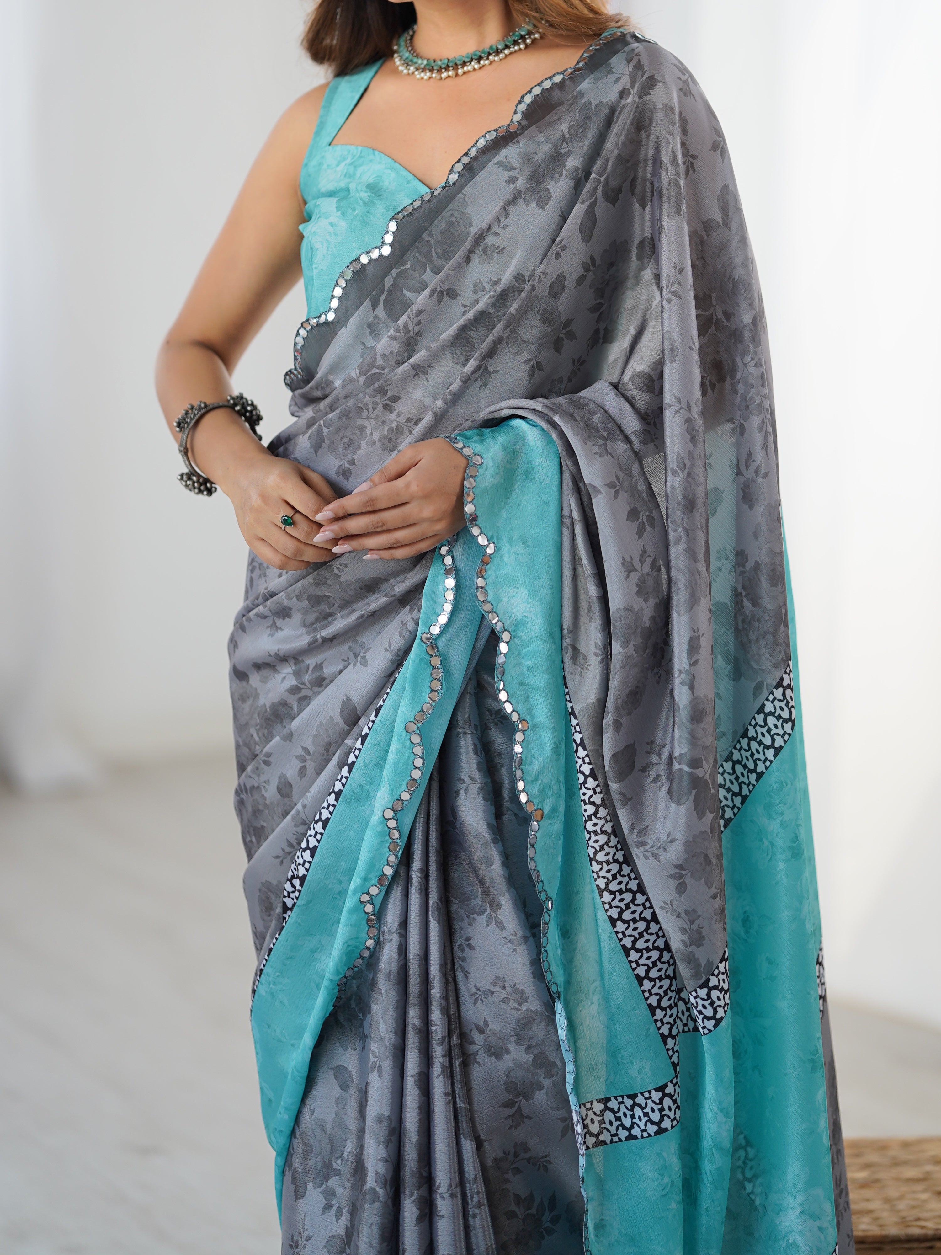 DVS-42 Heavy Chinnon Print Saree with Kutchi Mirror Lace Border