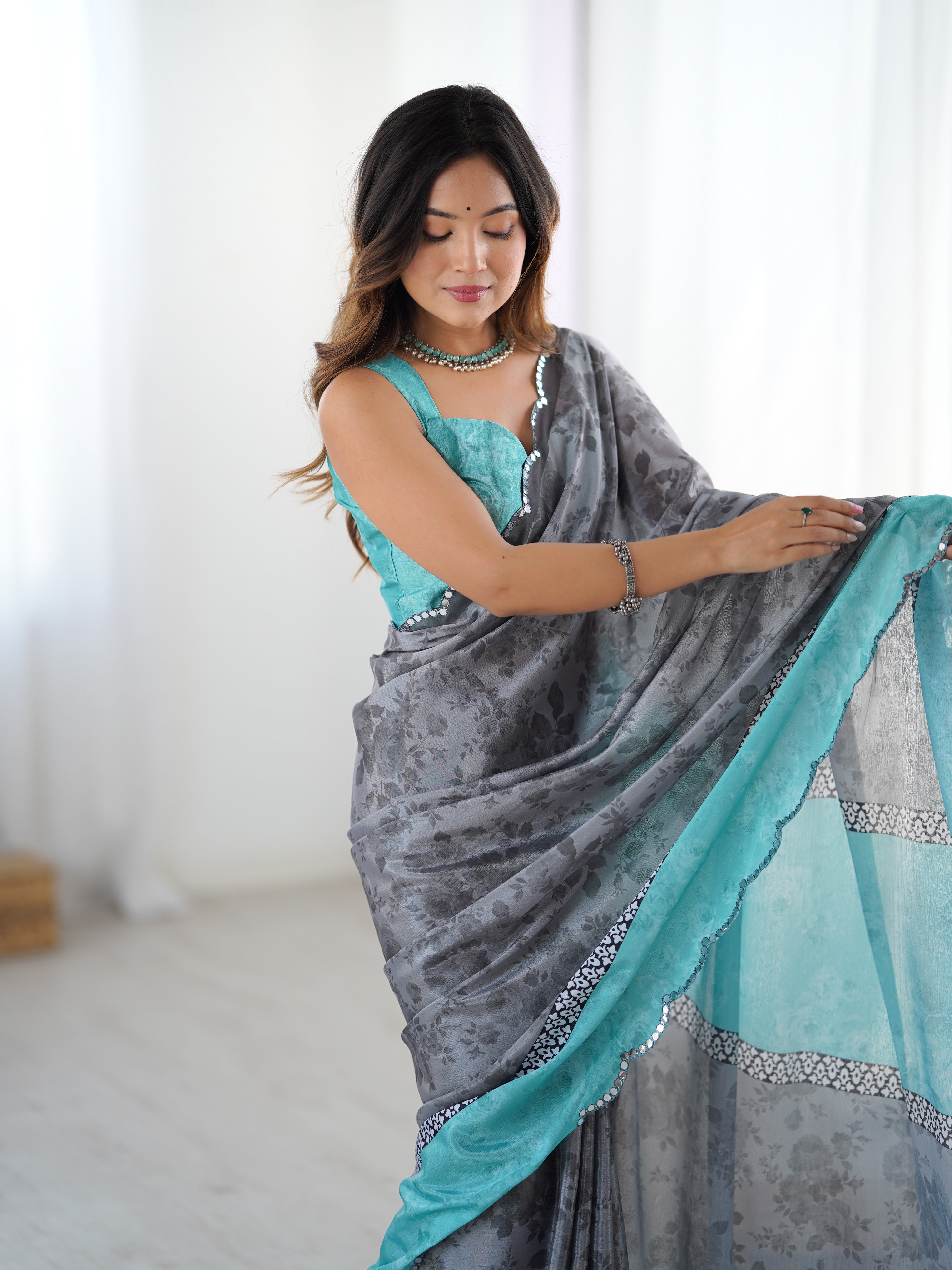 TRENDBUY DVS-42 heavy chinnon print saree with Kutchi mirror lace border and unstitched blouse