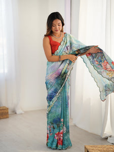 TRENDBUY Exclusive Heavy Chinnon Saree with Vibrant Print Work & Kutchi Mirror Lace Border