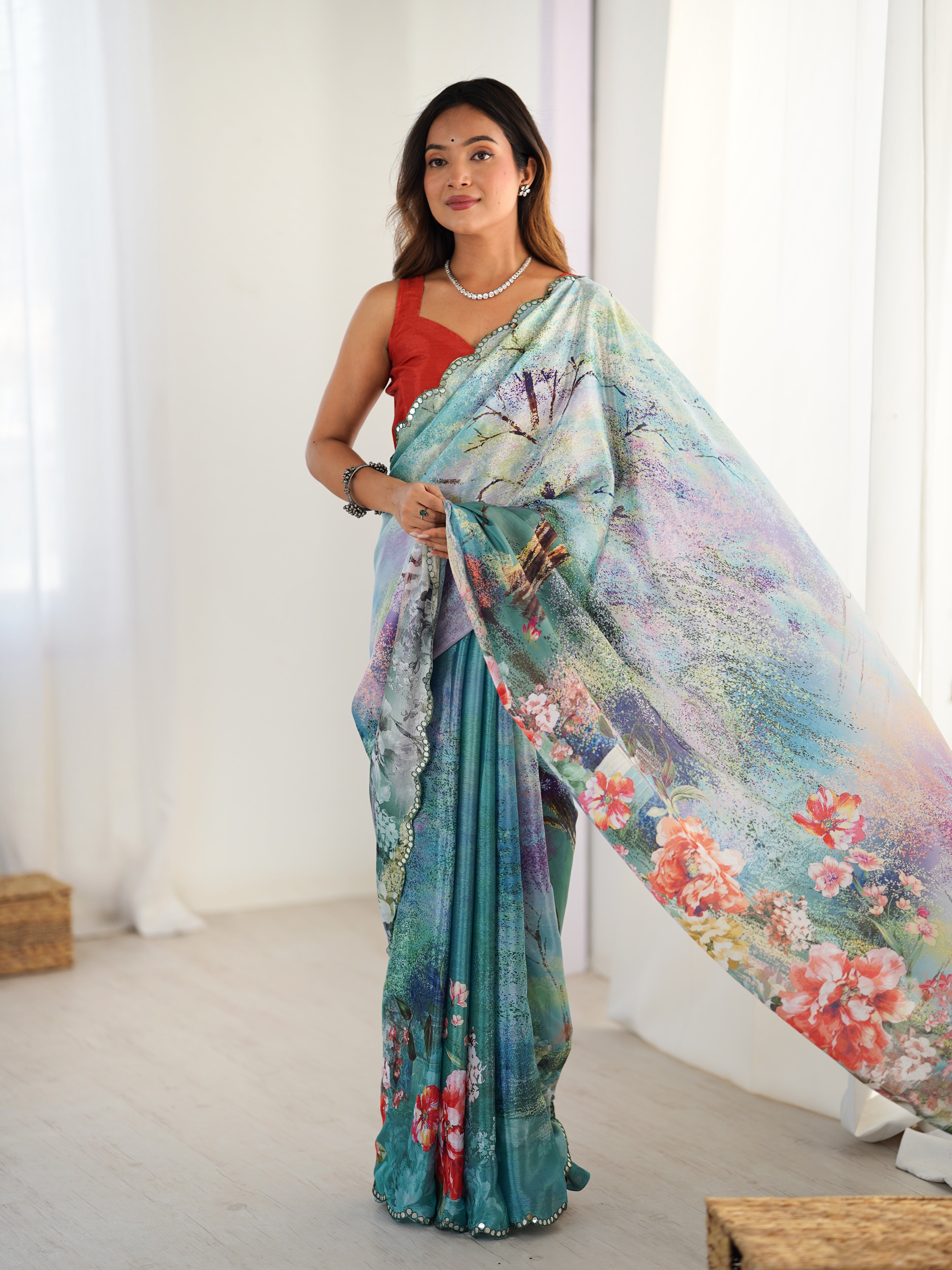 TRENDBUY Exclusive Heavy Chinnon Saree, vibrant print, Kutchi mirror lace border