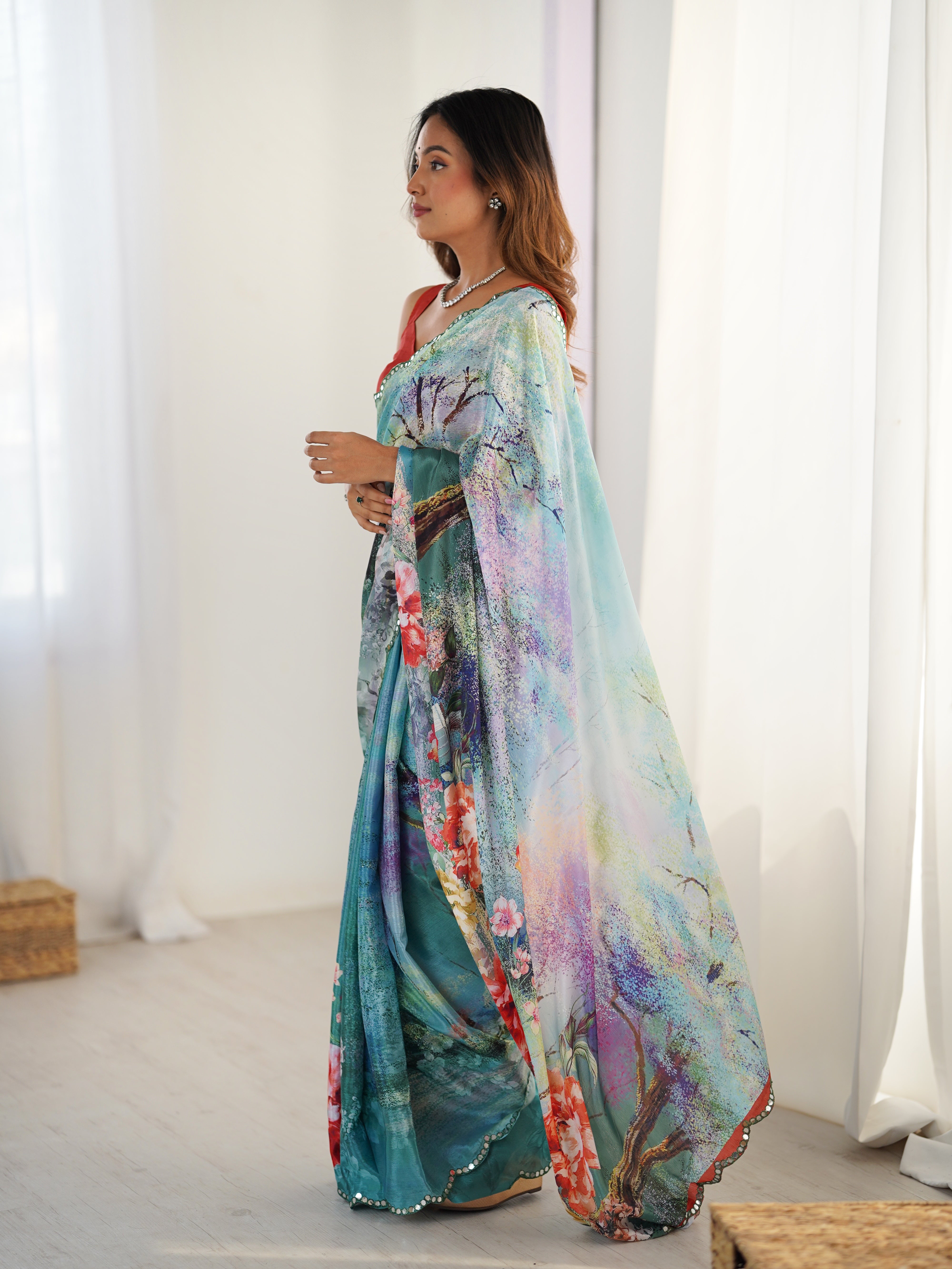 TRENDBUY Exclusive Heavy Chinnon Saree with Vibrant Print Work & Kutchi Mirror Lace Border