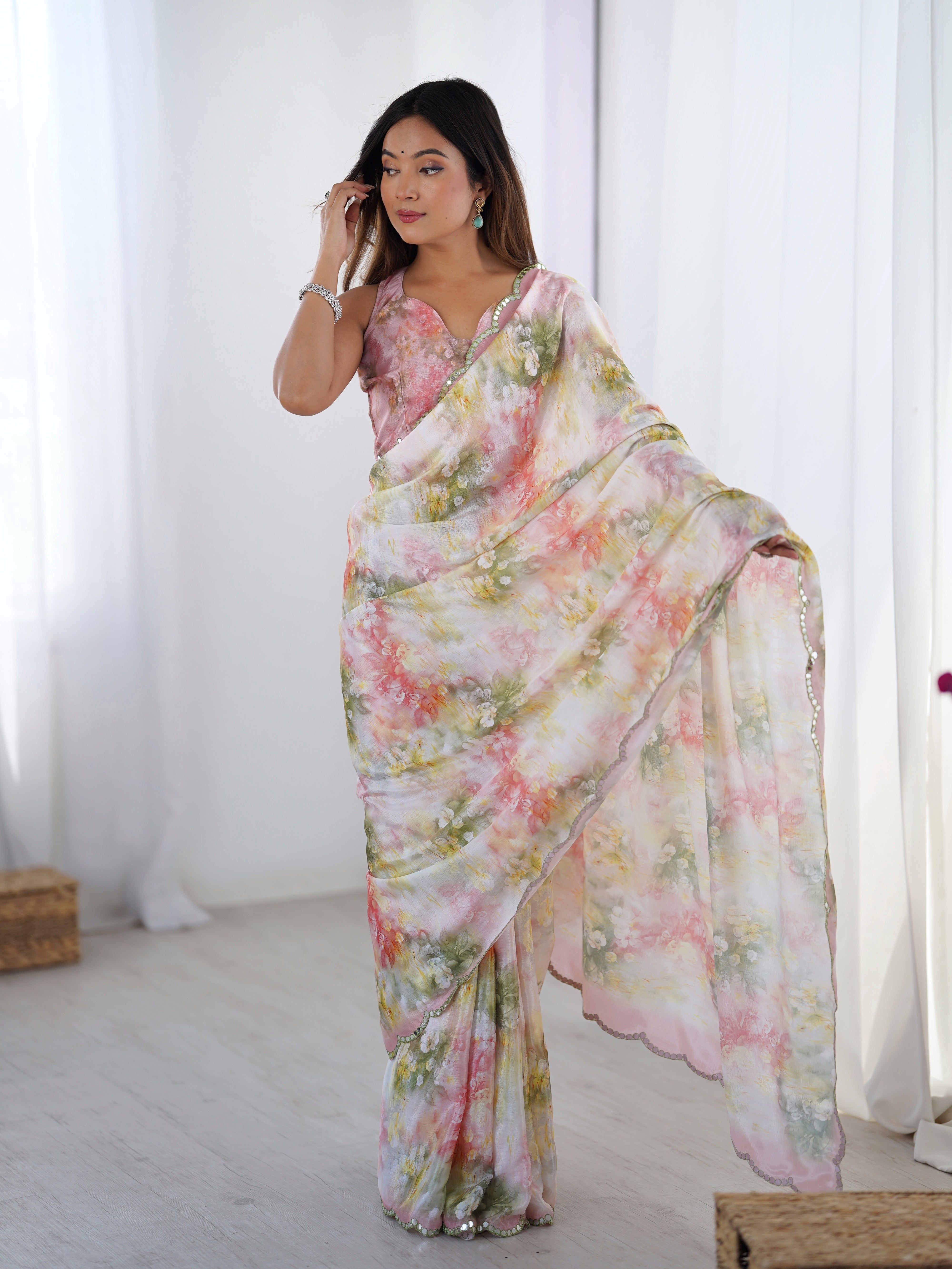 Heavy Chinnon Floral Print Saree with Intricate Kutchi Work Mirror Lace Border close-up