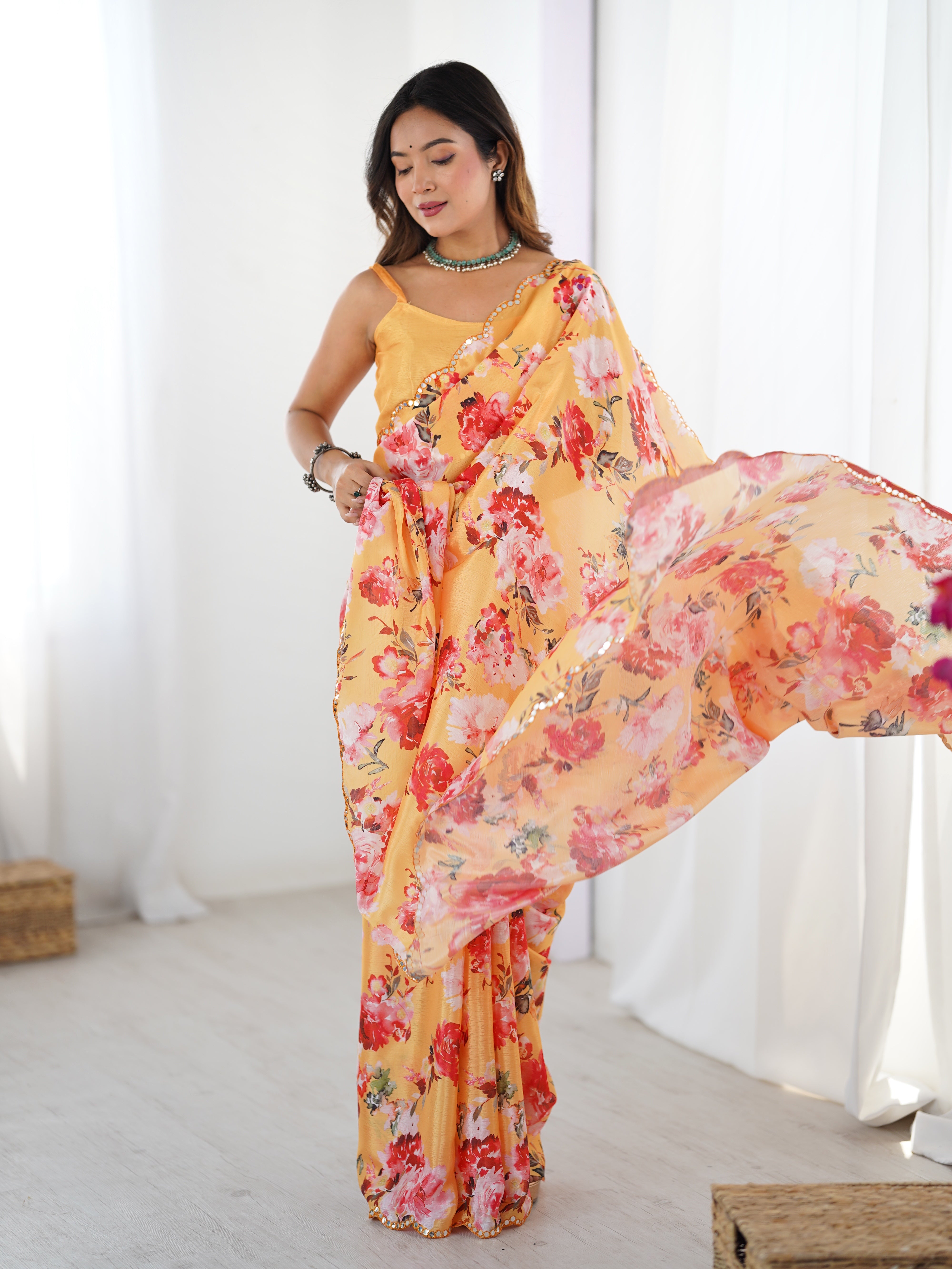 TRENDBUY DVS-50 heavy chinnon floral saree with Kutchi work mirror lace and unstitched blouse