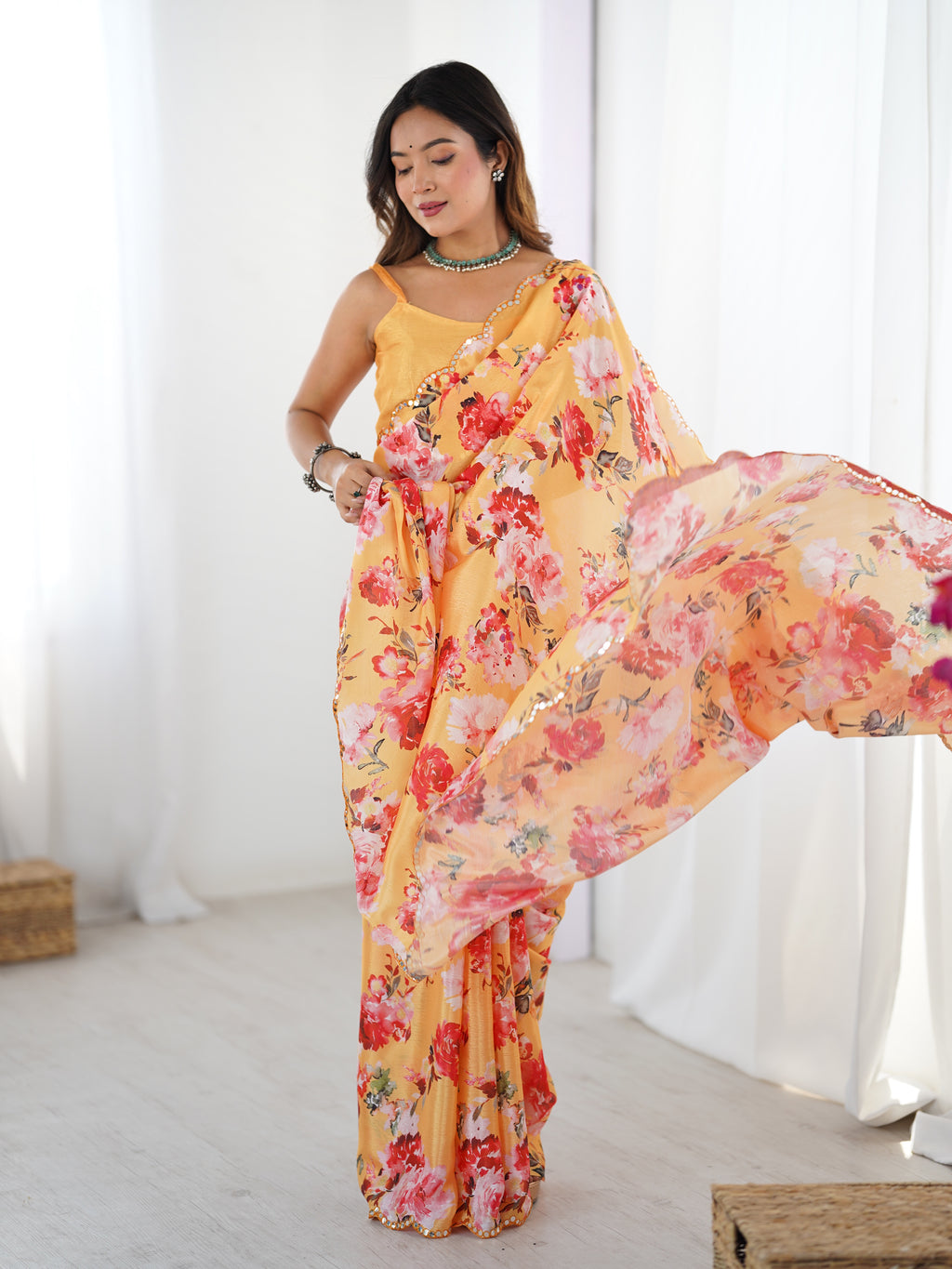 TRENDBUY DVS-50 heavy chinnon floral saree with Kutchi work mirror lace and unstitched blouse