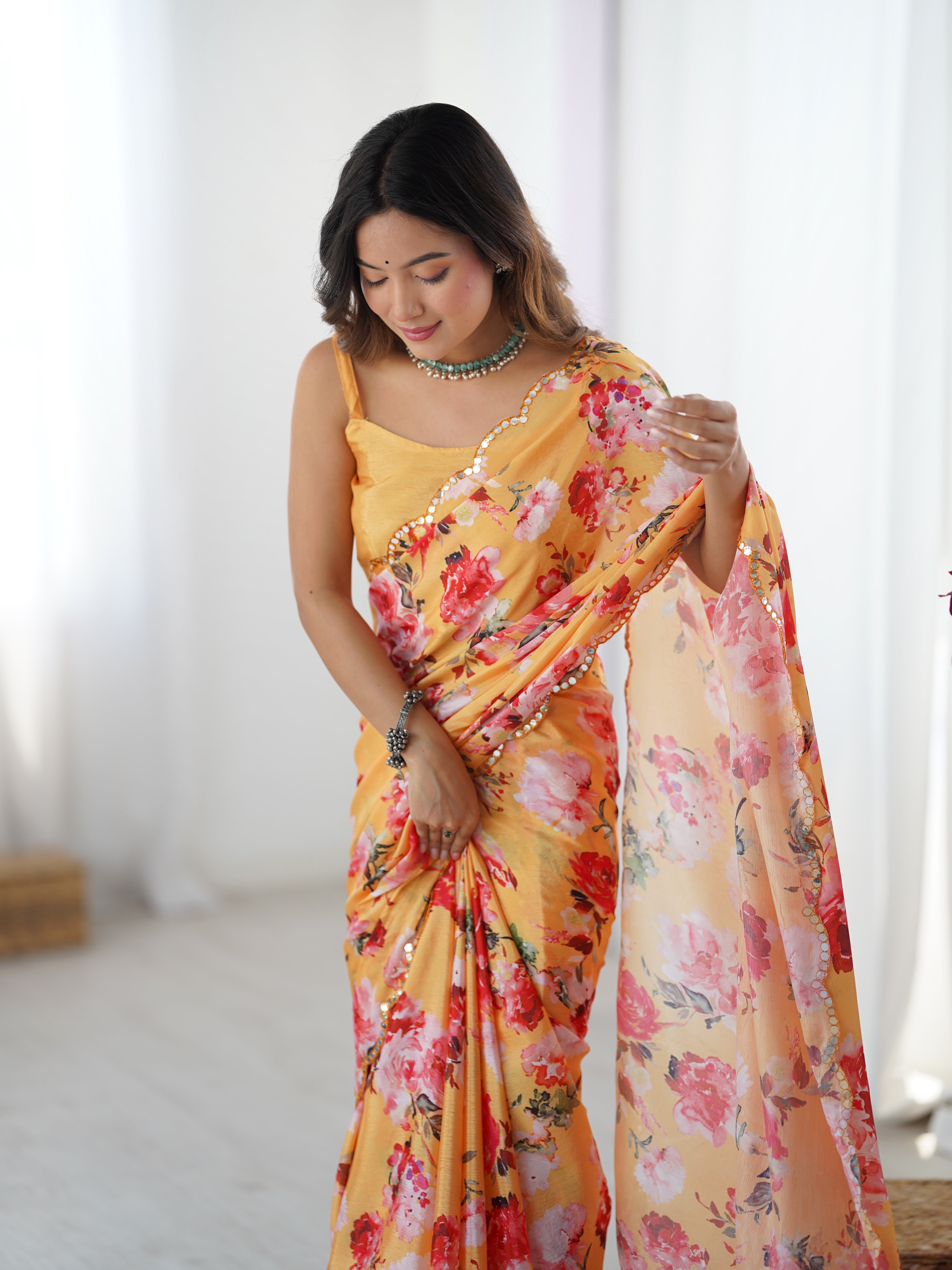 TRENDBUY DVS-50 heavy chinnon floral saree with Kutchi work mirror lace