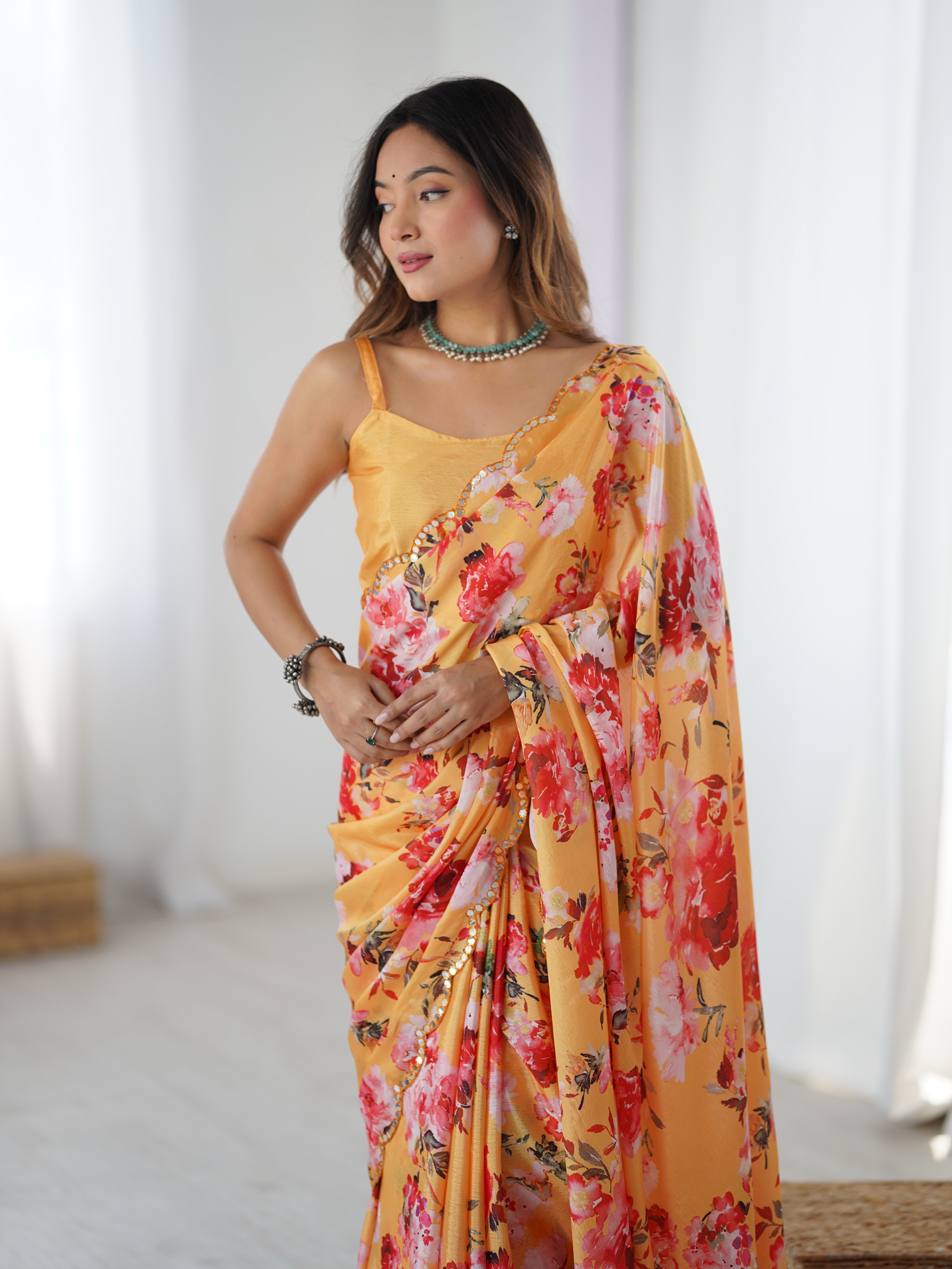 TRENDBUY DVS-50 Heavy Chinnon Floral Saree with Kutchi work mirror lace & unstitched blouse