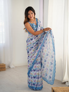 TRENDBUY Exquisite Chinnon Saree with Kutchi Mirror Work Lace Border | DVS-52 Floral Print