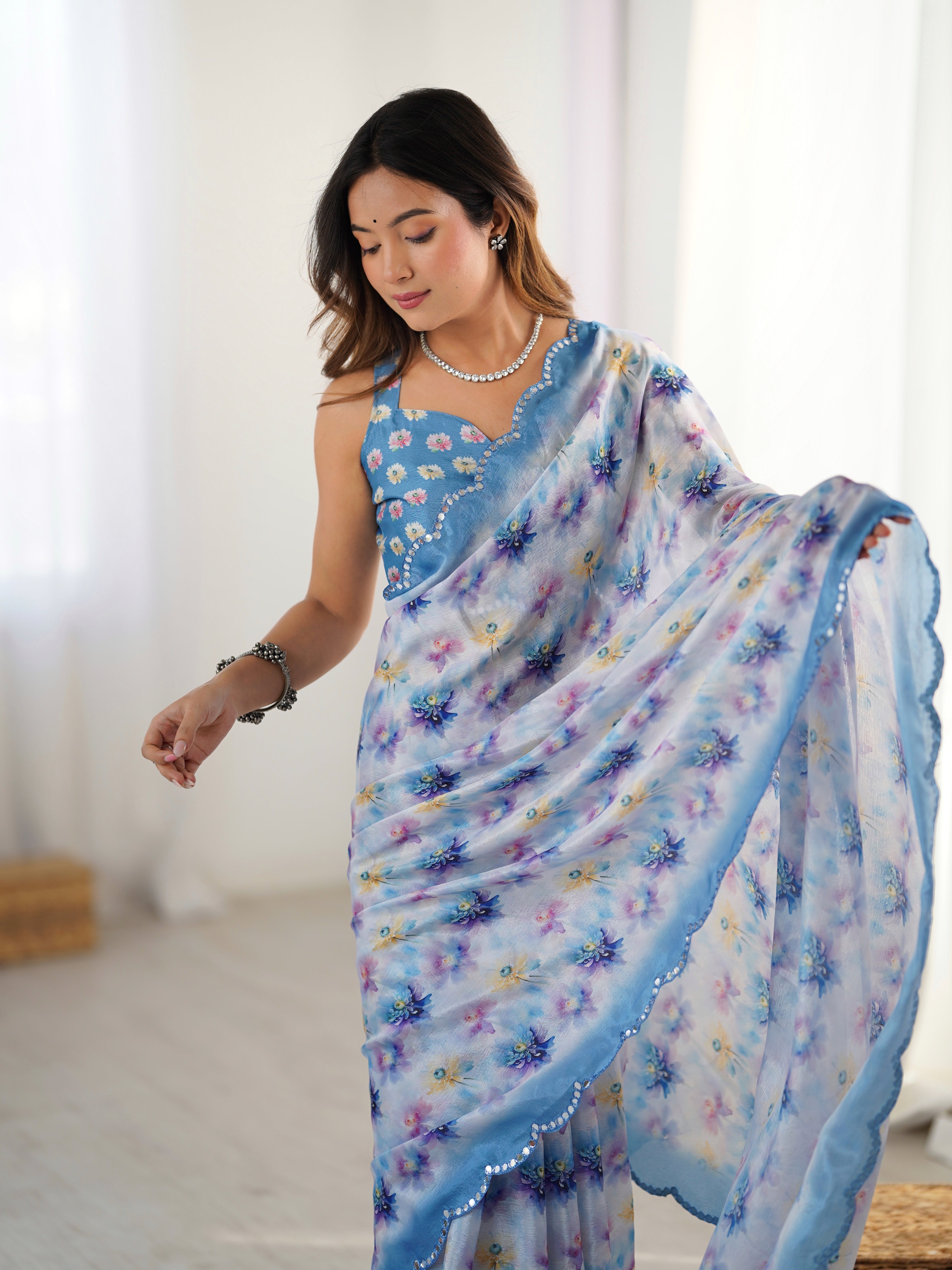 TRENDBUY DVS-52 Exquisite Chinnon Saree, vibrant floral print & Kutchi mirror work lace border