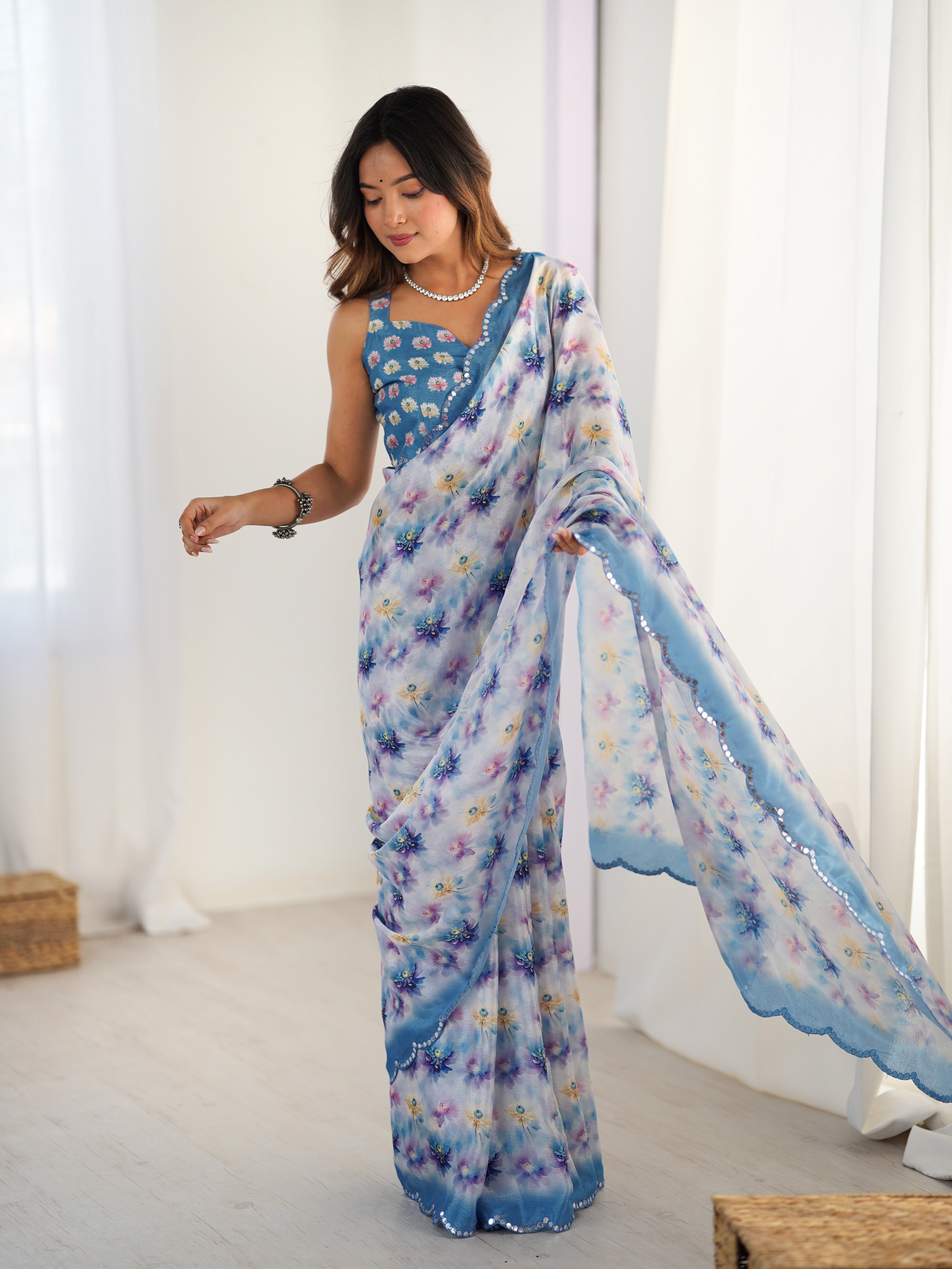 TRENDBUY DVS-52 Exquisite Chinnon Saree, floral print, Kutchi mirror work lace border.