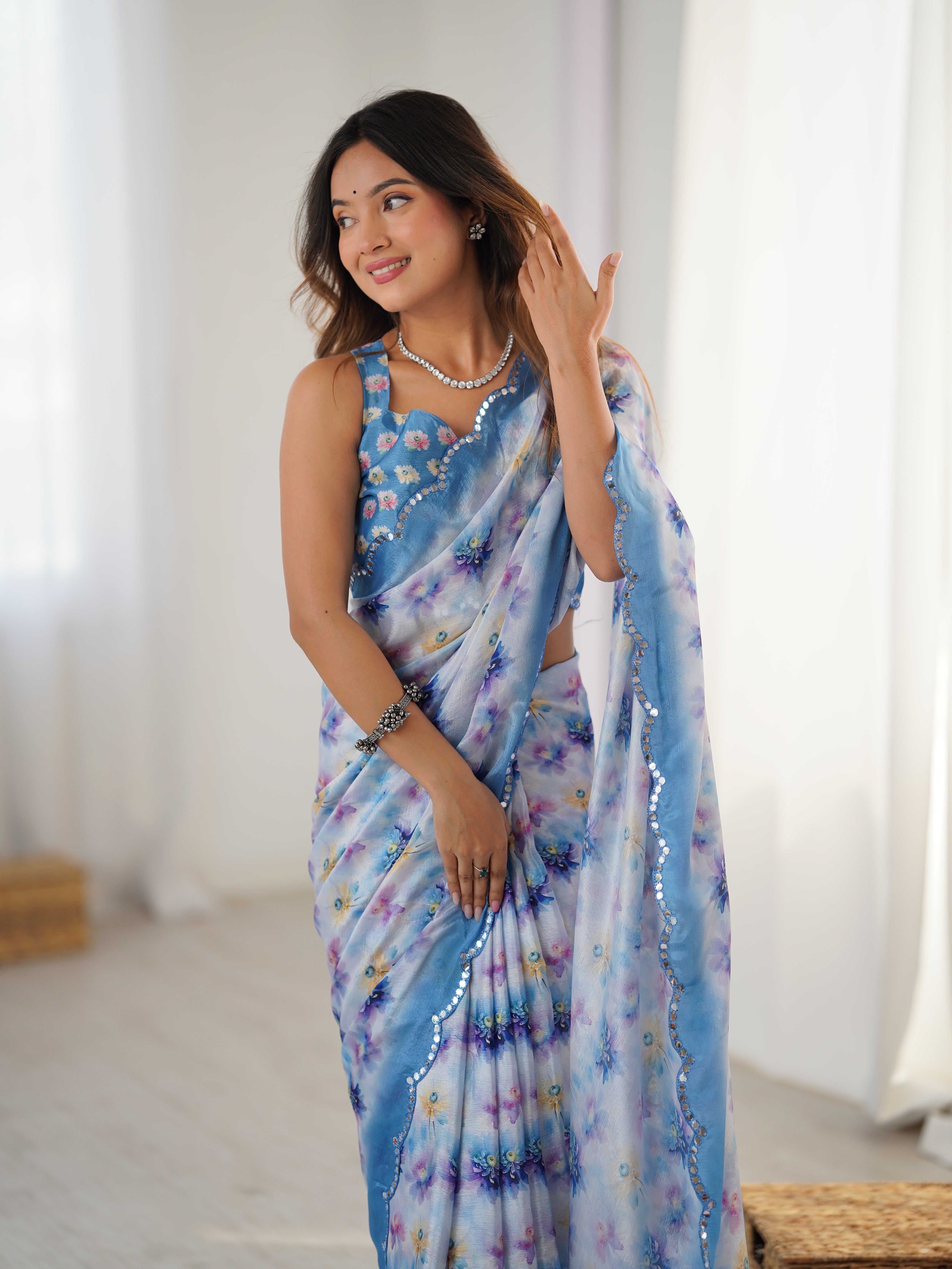 TRENDBUY DVS-52 Chinnon Saree: Floral print with intricate Kutchi mirror work lace border