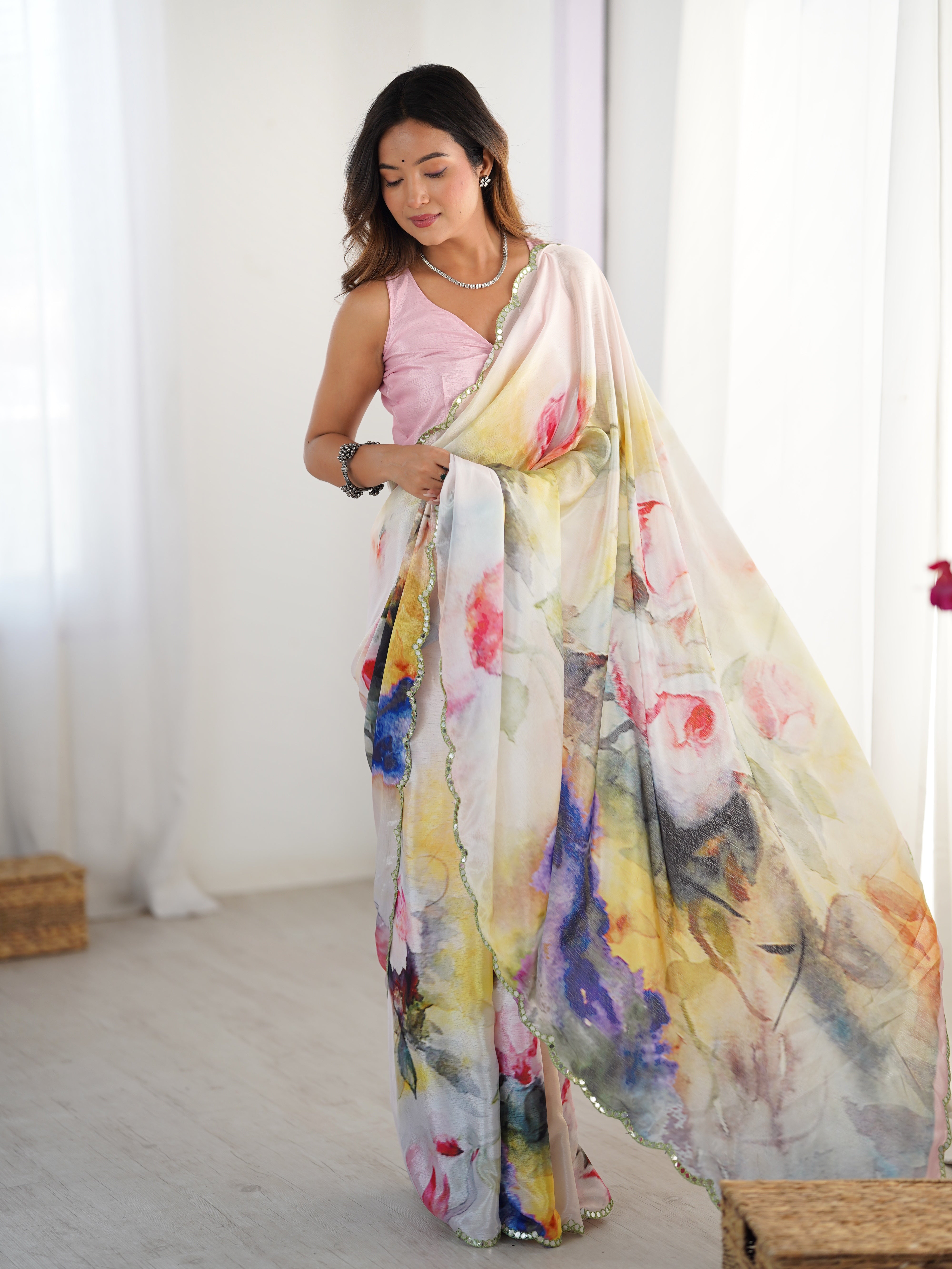 TRENDBUY DVS-53 Chinnon saree, vibrant floral print, Kutchi mirror work lace border