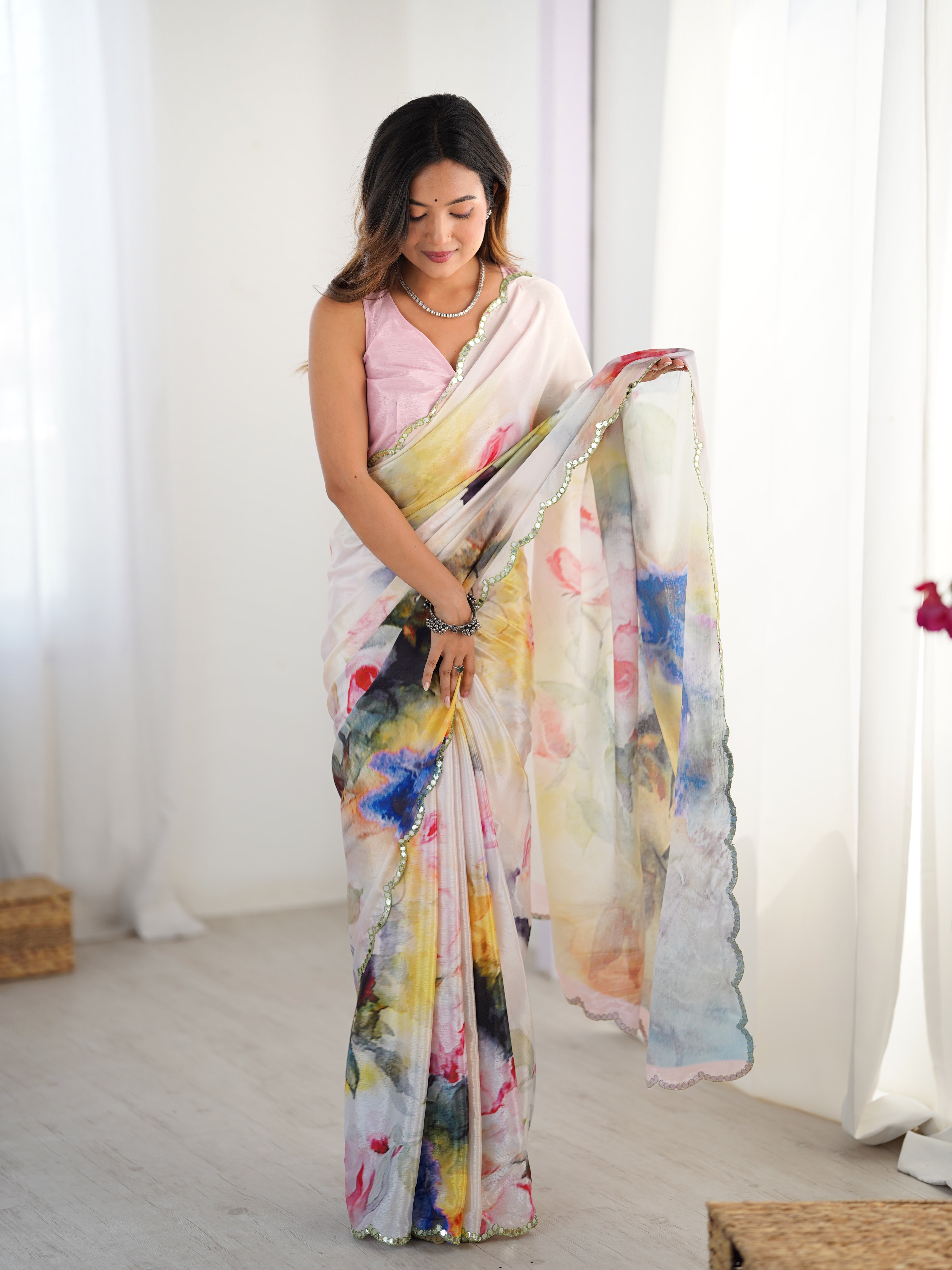 TRENDBUY DVS-53 Heavy Chinnon Saree with vibrant floral print & Kutchi mirror work lace border