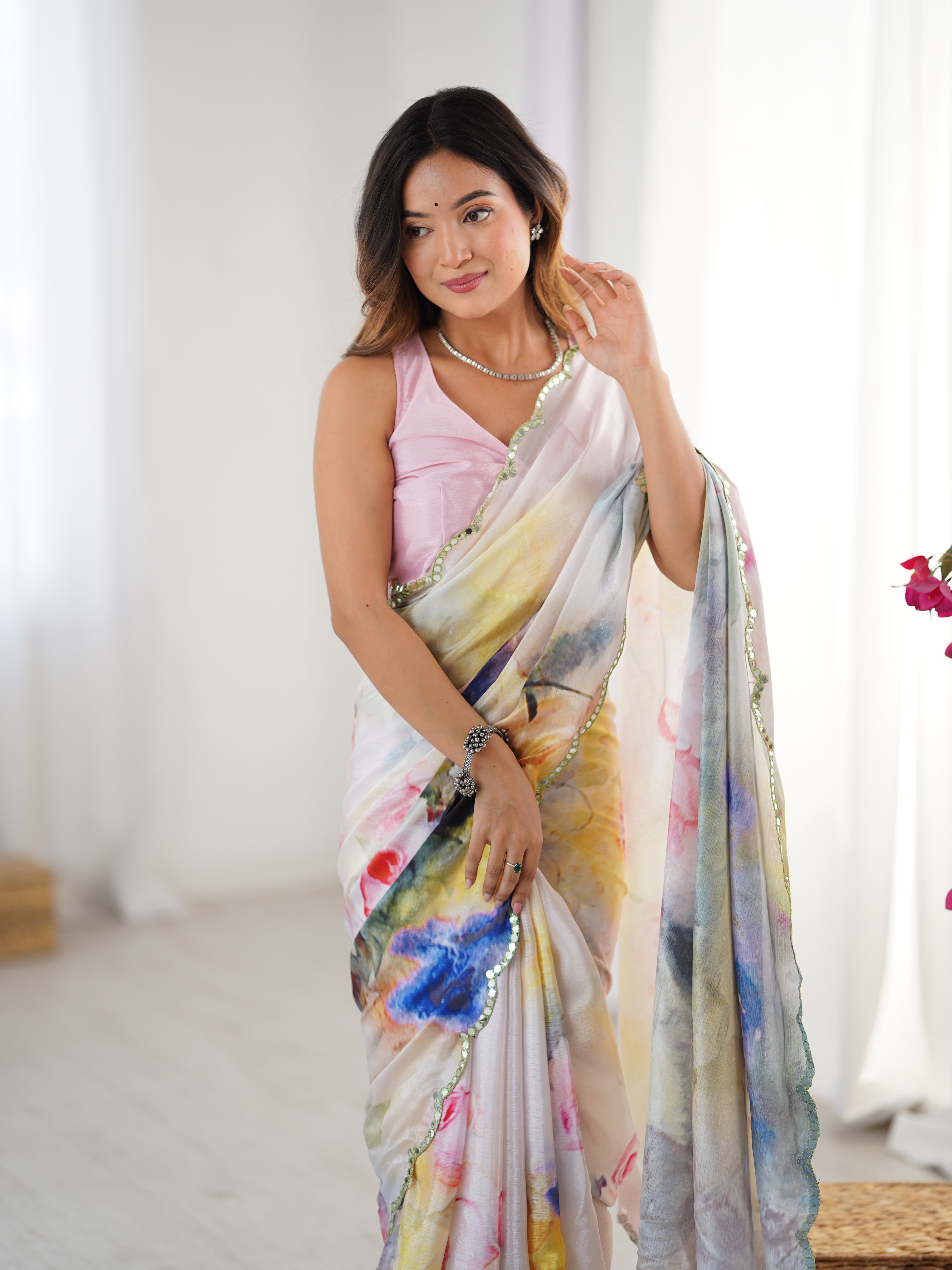 TRENDBUY DVS-53 Heavy Chinnon Saree with Vibrant Floral Print & Kutchi Mirror Work Lace Border