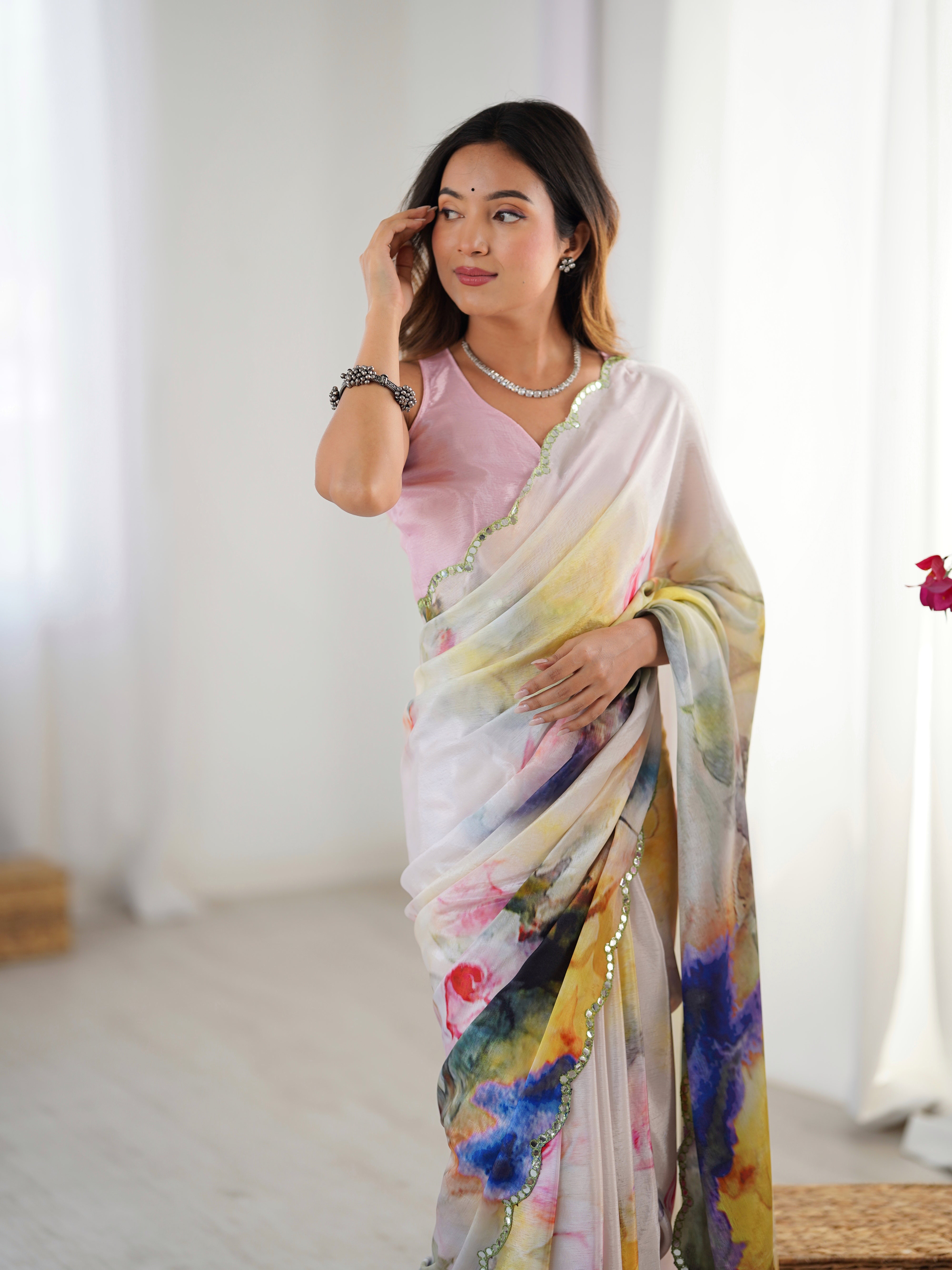 TRENDBUY DVS-53 heavy chinnon saree with vibrant floral print and Kutchi mirror work lace border