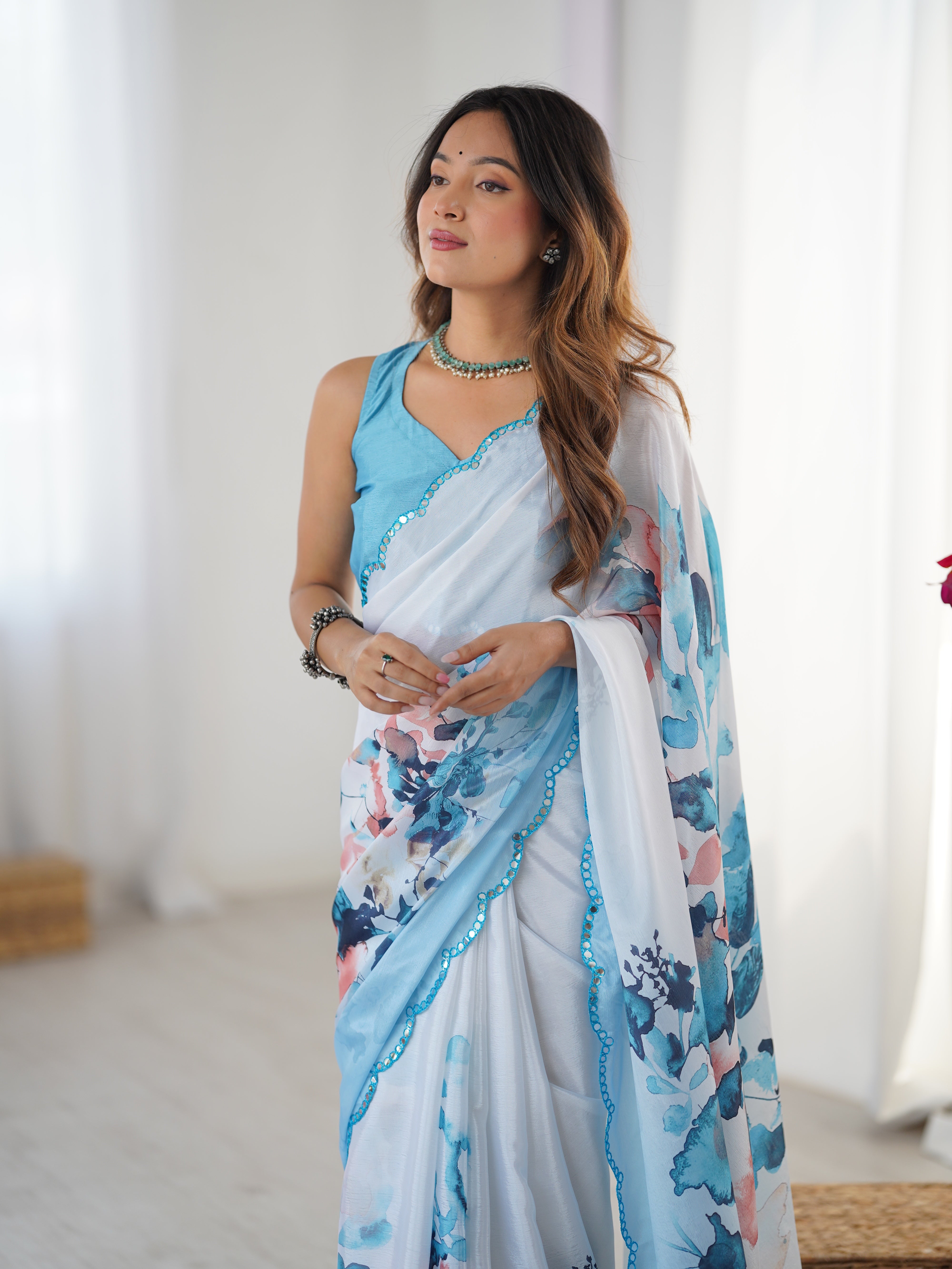 Elegant Heavy Chinnon Saree DVS-54 with intricate Kutchi mirror lace border.