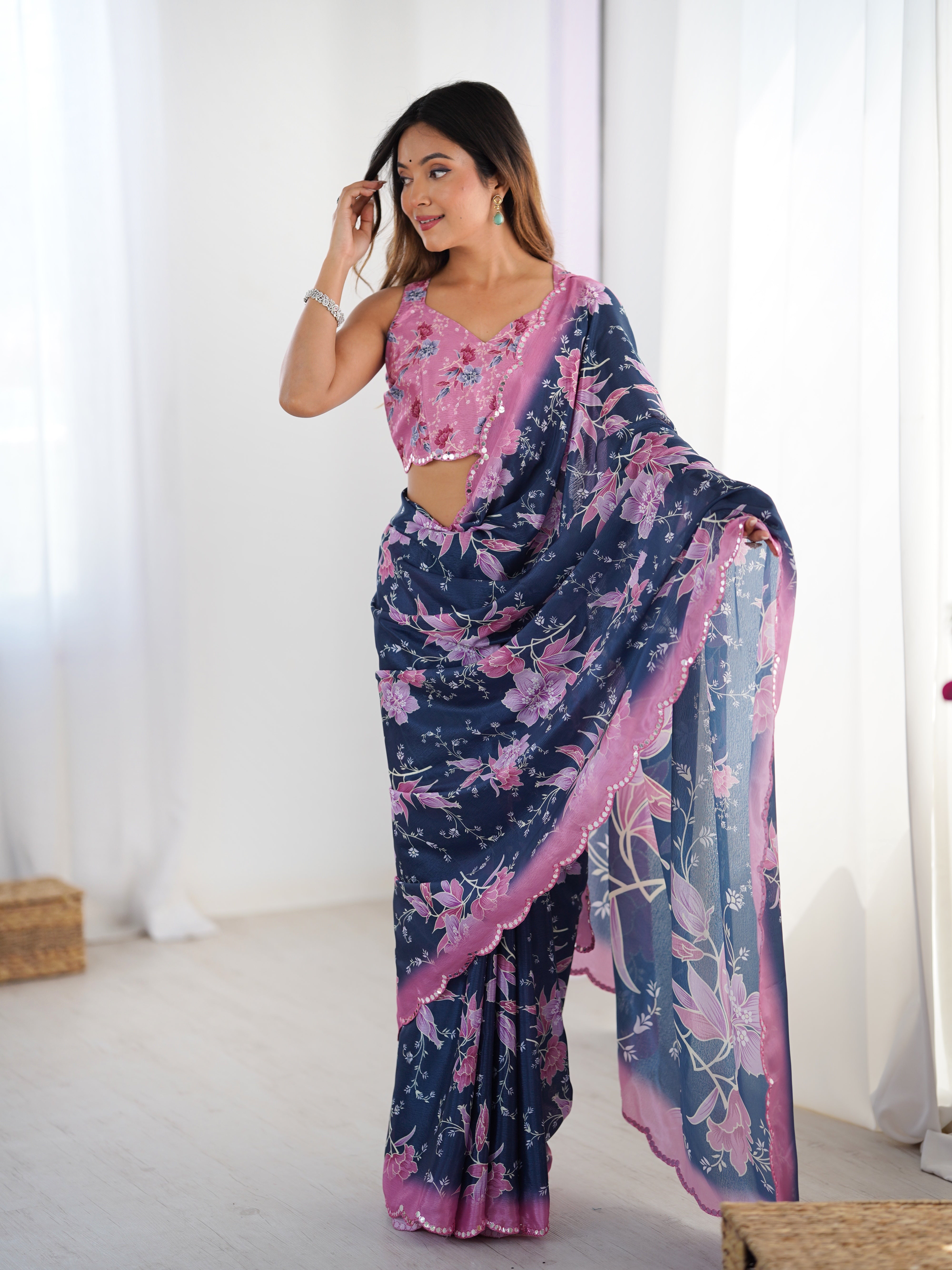 TRENDBUY DVS-55 Chinnon floral print saree with Kutchi mirror lace border and matching blouse.