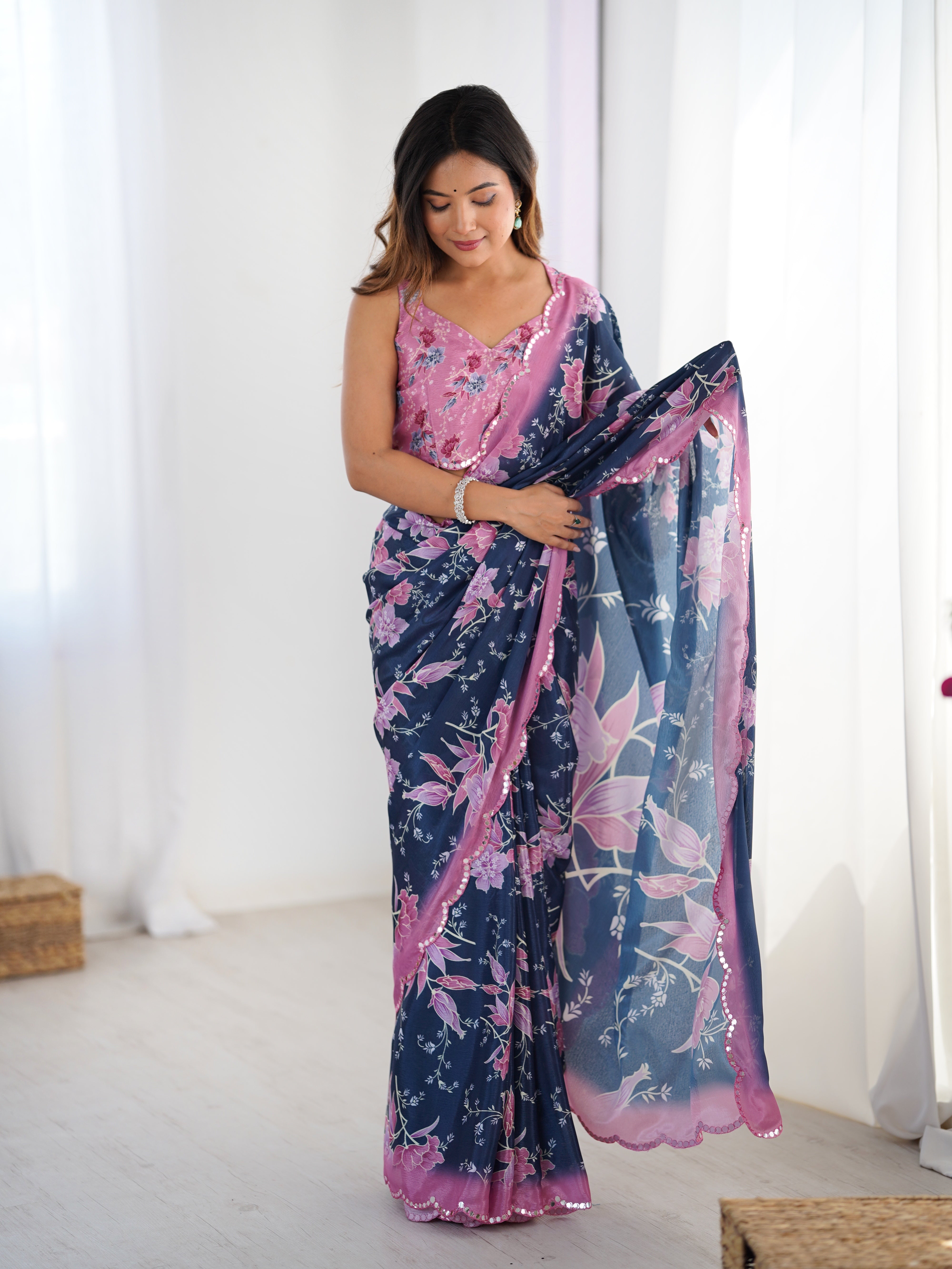 TRENDBUY DVS-55 Heavy Chinnon floral print saree with Kutchi mirror lace border & blouse