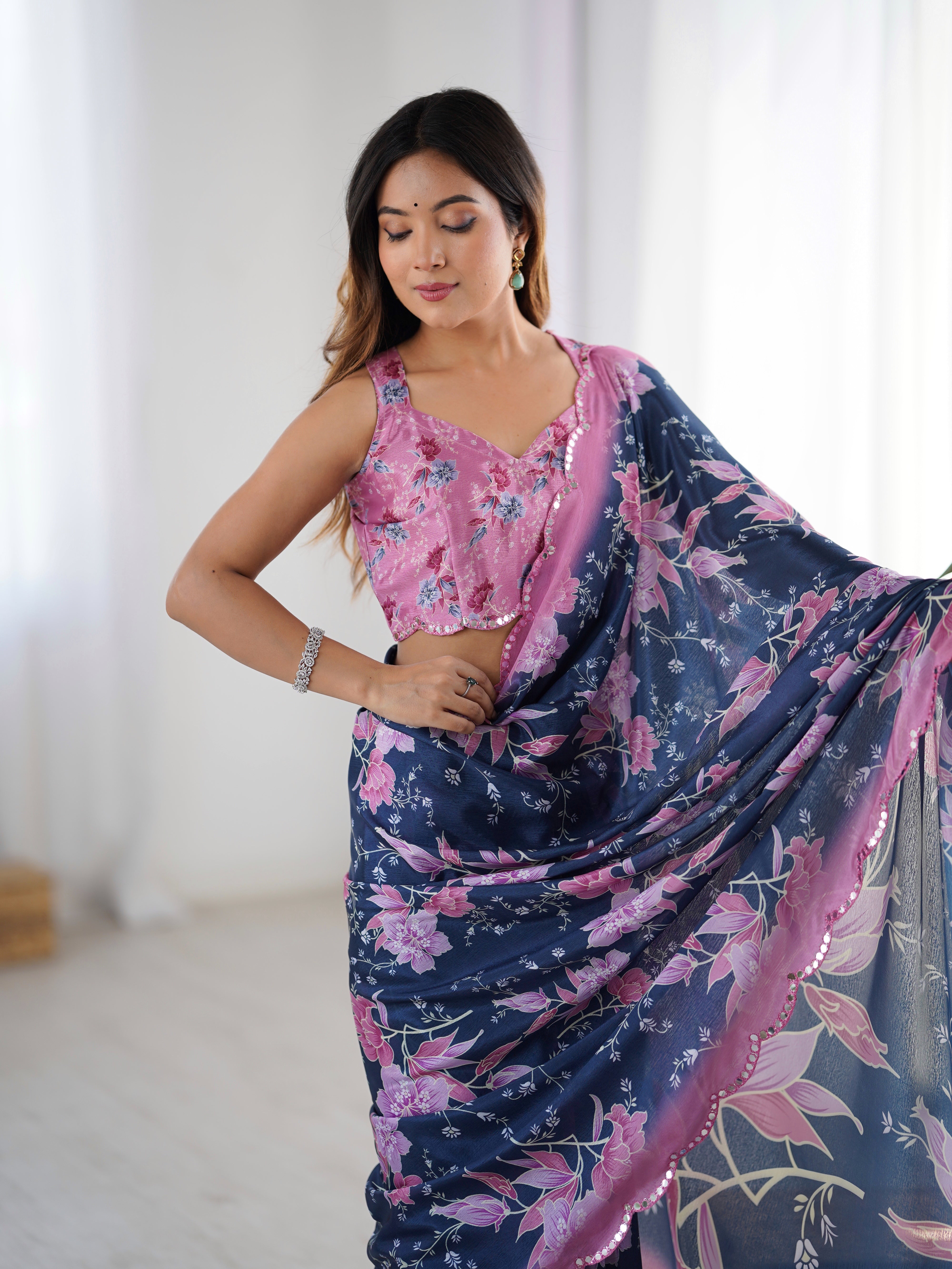 TRENDBUY DVS-55 heavy Chinnon floral print saree with Kutchi mirror lace border and matching blouse