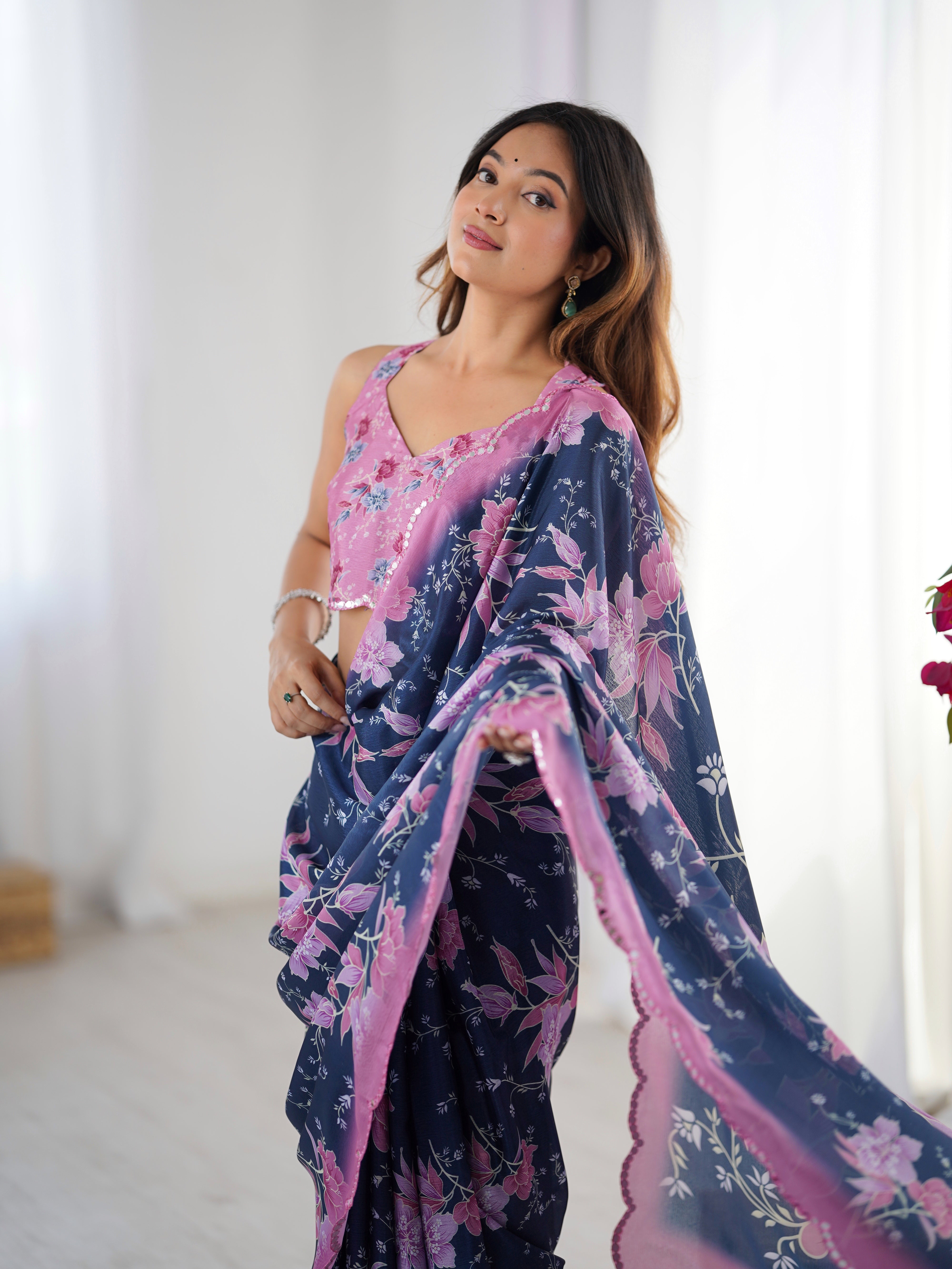 TRENDBUY DVS-55 Chinnon floral print saree with Kutchi mirror lace border and matching blouse.