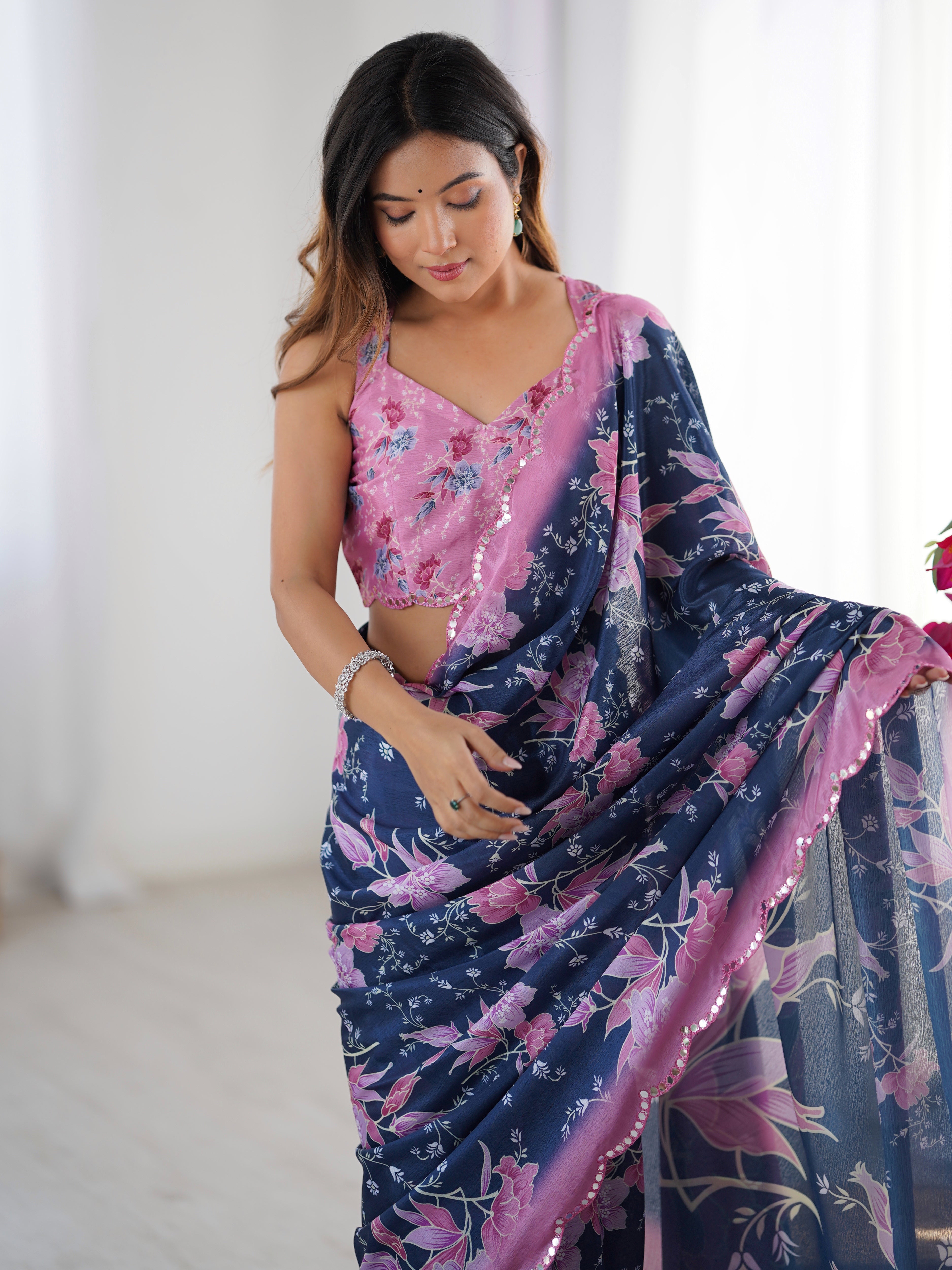 TRENDBUY DVS-55 heavy Chinnon floral print saree with Kutchi mirror lace border & blouse