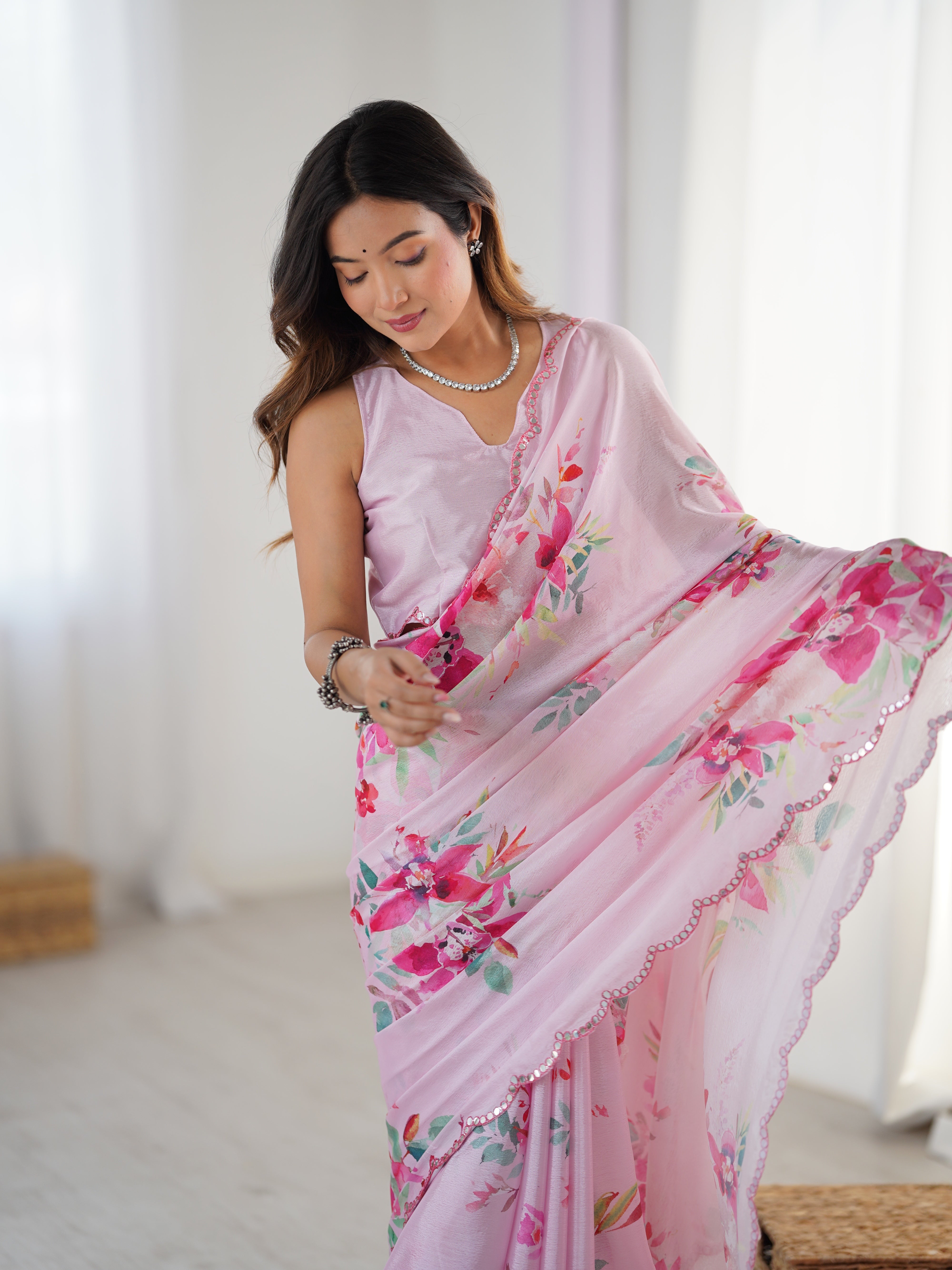 Elegant Pink Floral Print Heavy Chinnon Saree with Kutchi Mirror Lace Border
