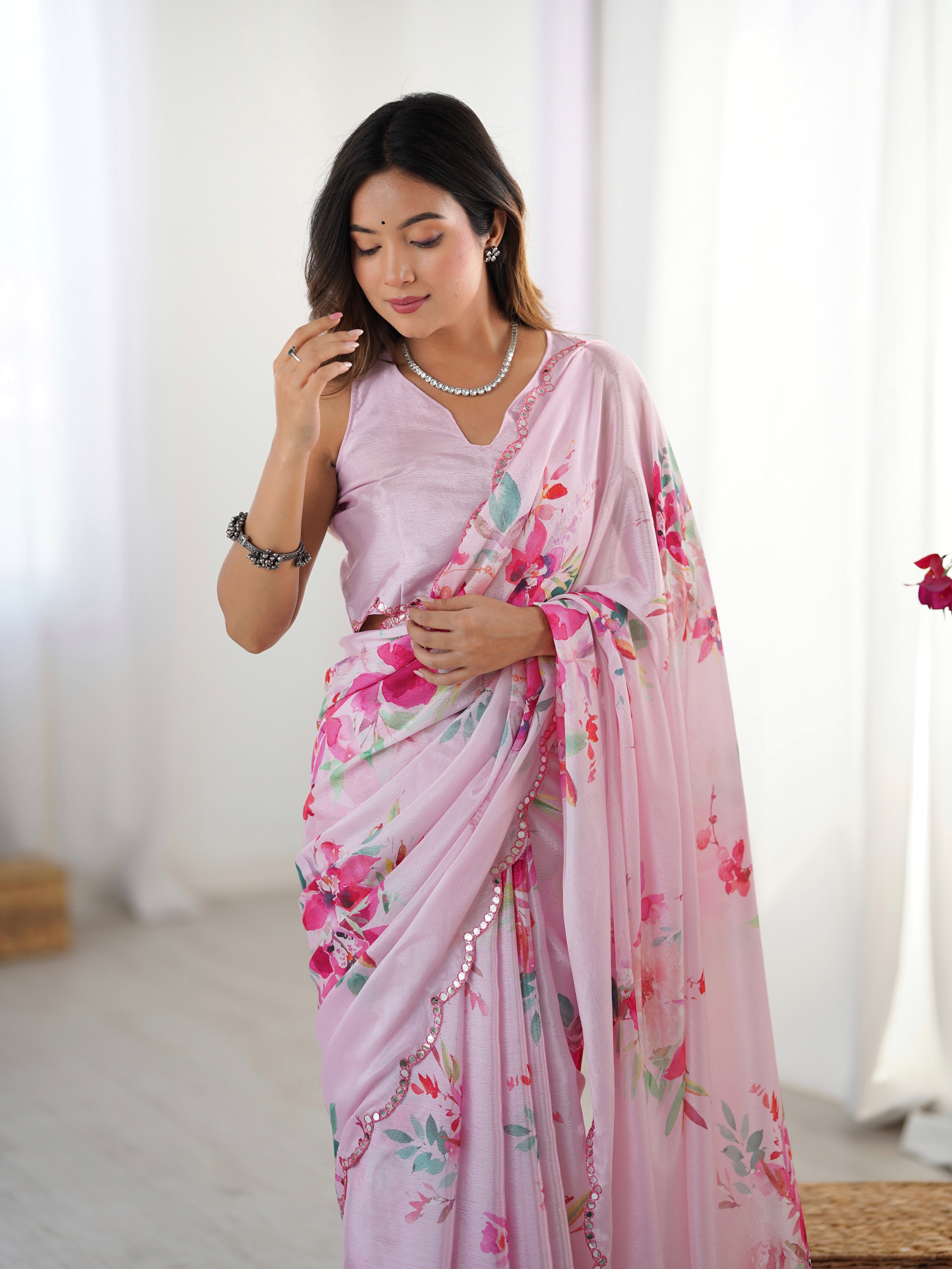 Elegant Pink Floral Print Heavy Chinnon Saree with Kutchi Mirror Lace Border