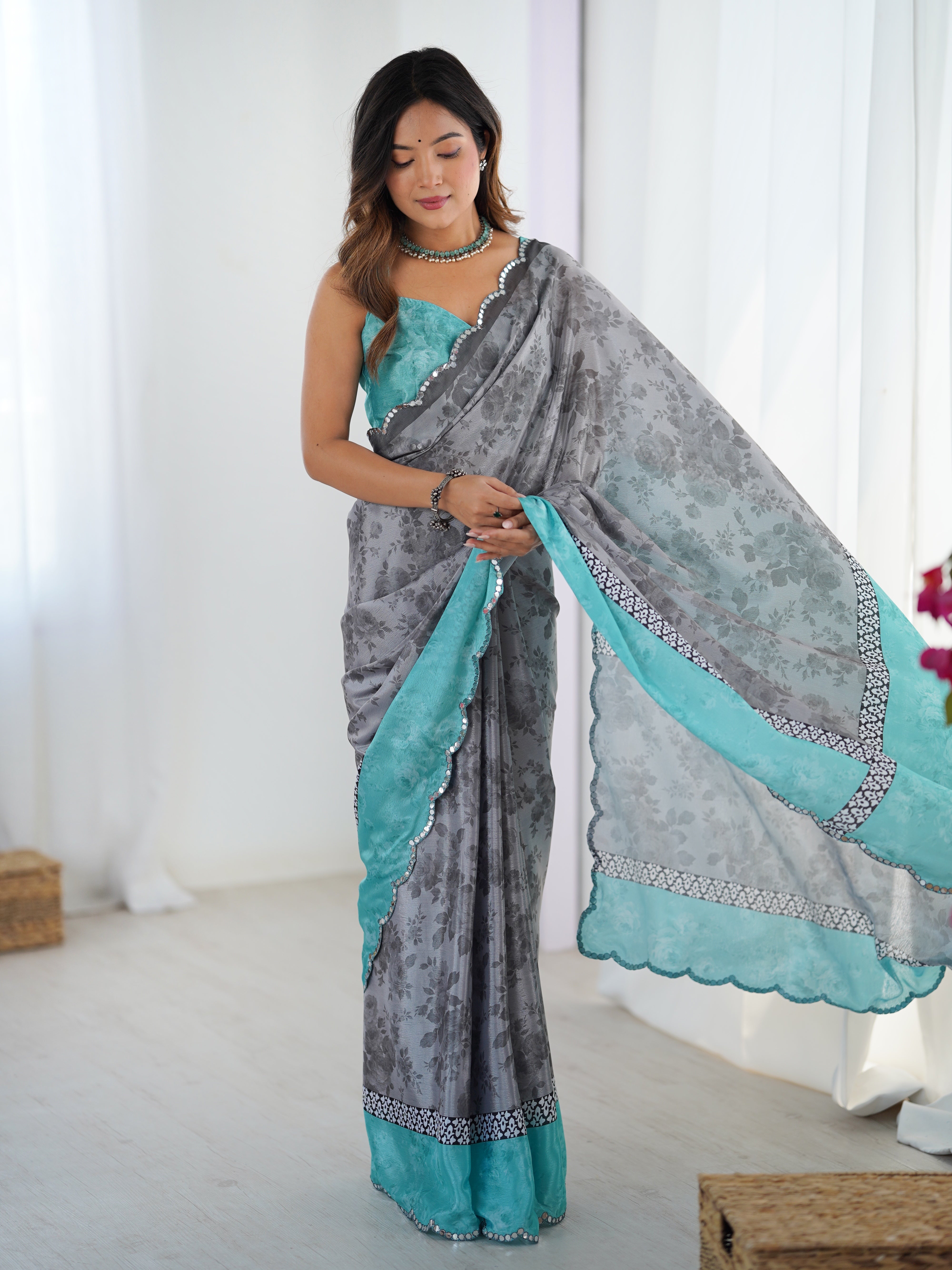 TRENDBUY DVS-58 Chinnon floral print saree with stunning Kutchi work mirror lace border.