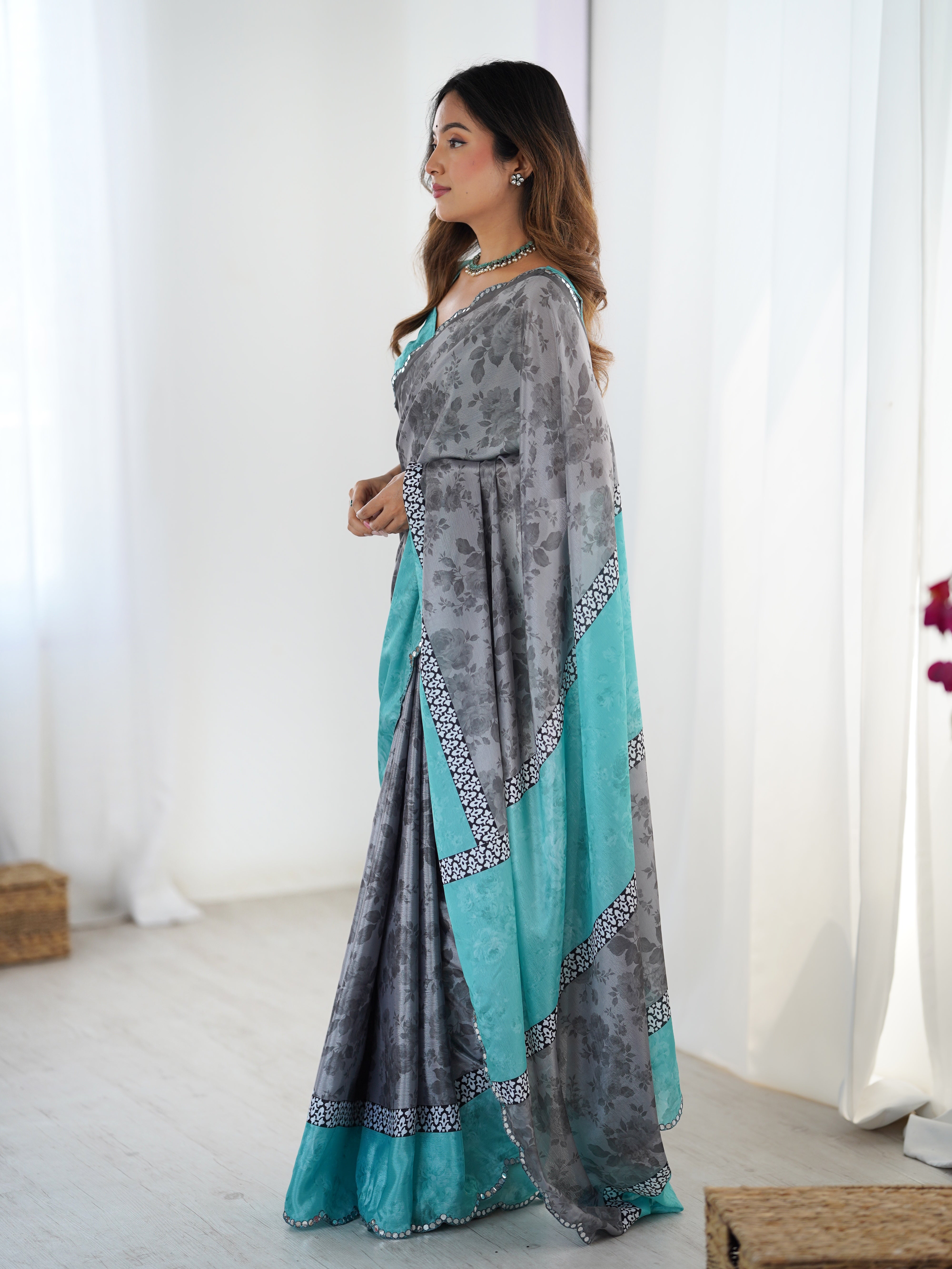 TRENDBUY DVS-58 Heavy Chinnon floral print saree with Kutchi work mirror lace border