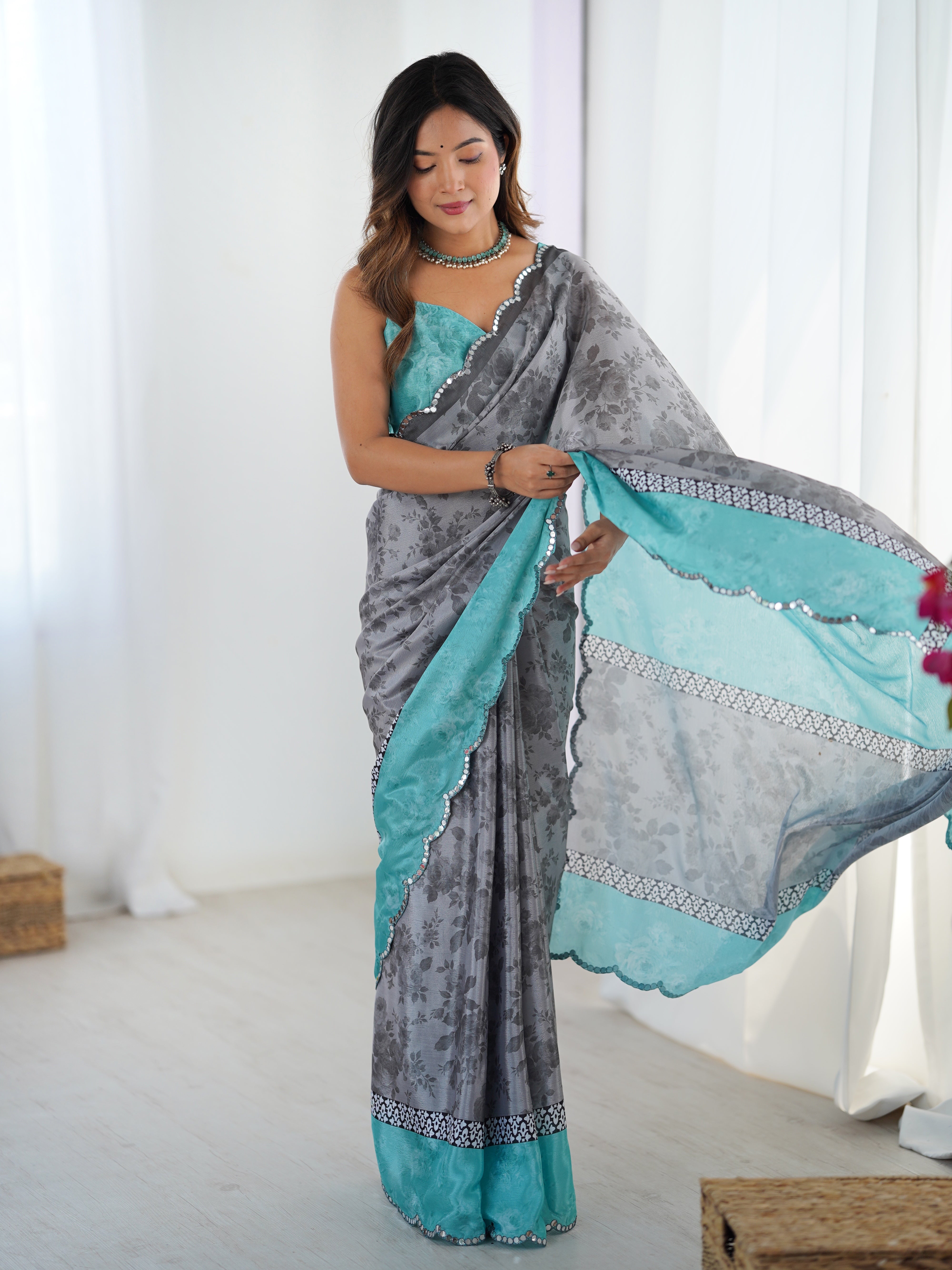 TRENDBUY DVS-58 Heavy Chinnon Floral Print Saree with Kutchi Work Mirror Lace Border